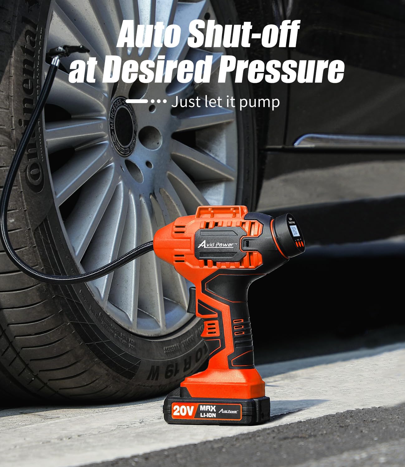 Avid Power Tire Inflator Air Compressor, 20V Cordless Car Tire Pump With Rechargeable Li-Ion Battery, 12V Car Power Adapter, Dig