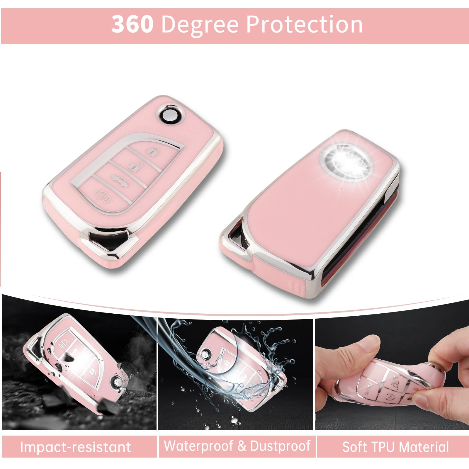 Pangpai Pink Key Fob Cover for Toyota, Soft TPU Key Case Protection with Bling Keychain Fit for Toyota Fortuner Tundra Camry RAV