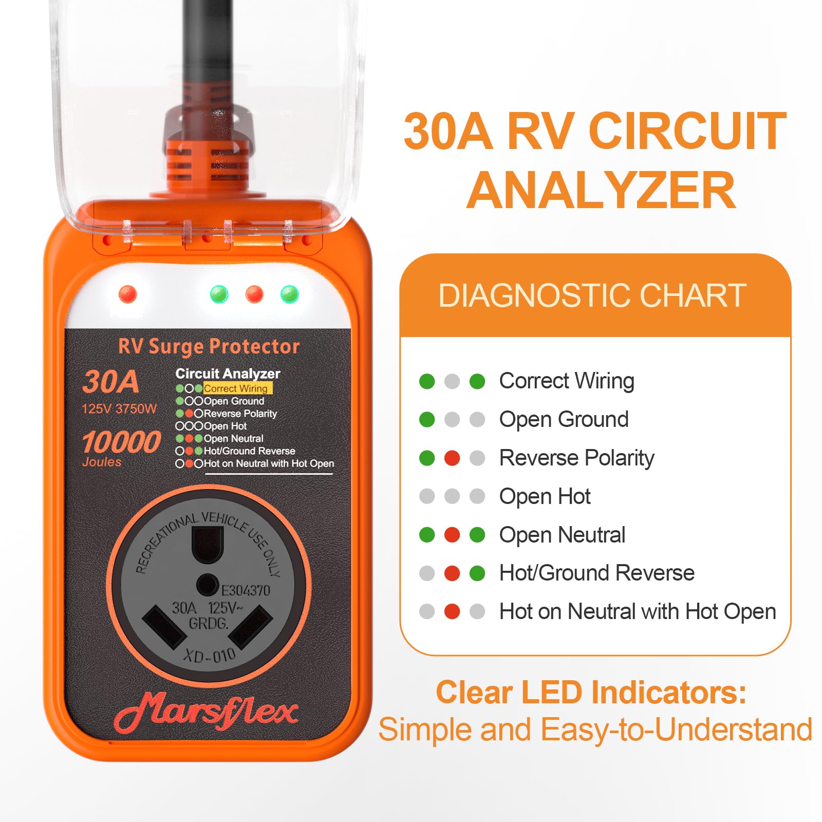 Marsflex Rv Surge Protector, 30 Amp Rv Circuit Analyzer, 10000 Joules Surge Protection With Waterproof Cover, Led Display, Rv Vo