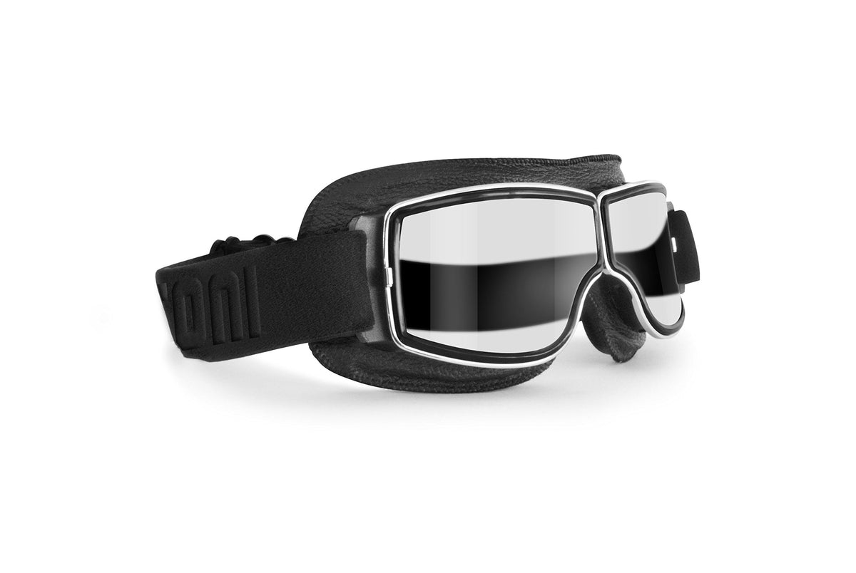 Bertoni Motorcycle Riding Goggles Black Leather With Chromed Frame- Anticrash Clear Lens -Special Ventilation - Mod.Af188B - Mot