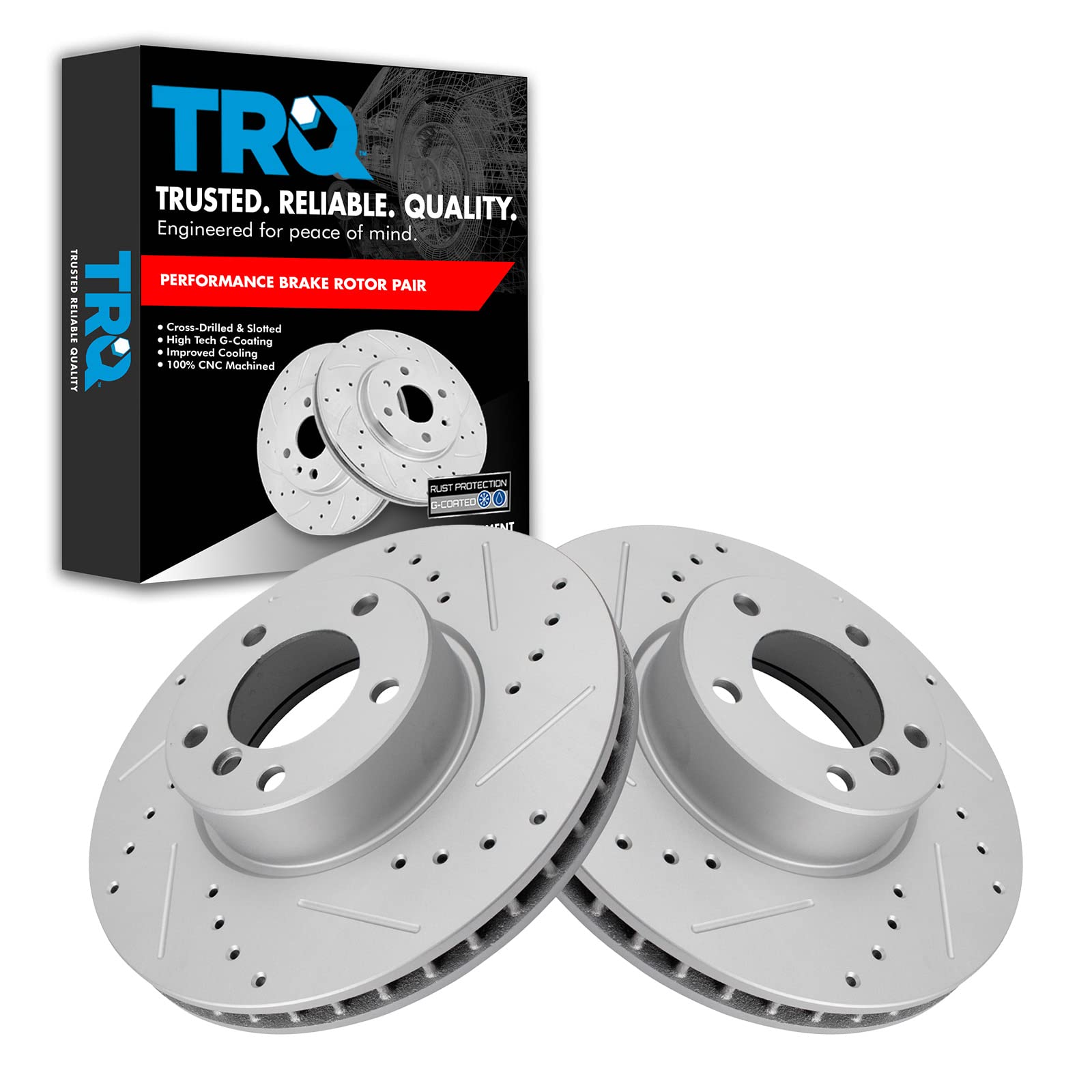 Trq Front Performance Brake Rotors Set Vented Premium G-Coated Cross Drilled & Slotted Compatible With 2001-2003 Bmw 530I 2000-2
