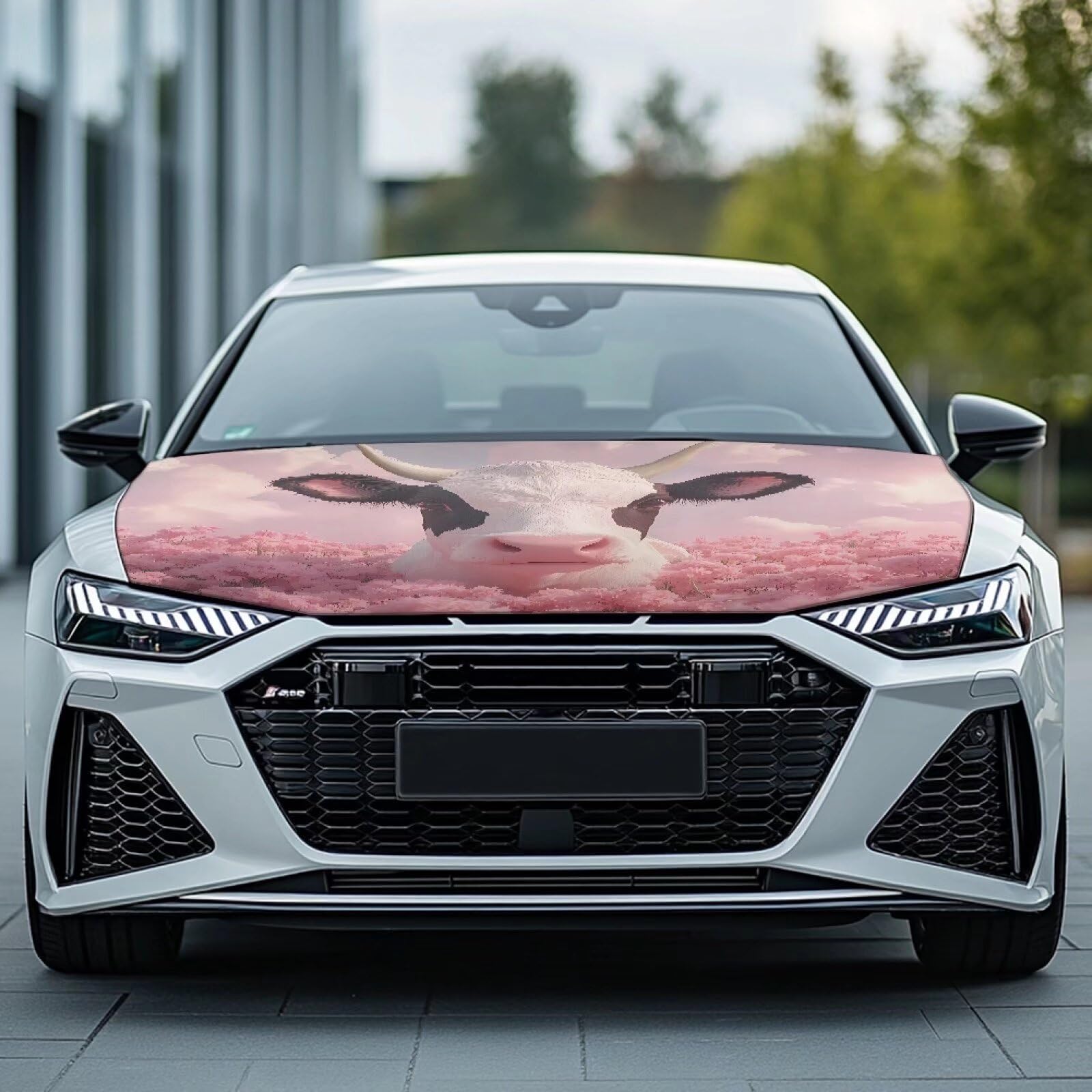 Qiyupavto Pink Flower Cow Print Car Hood Cover, Stretch Fabric Car Hood Protector Washable Universal Auto Exterior Accessorie fo