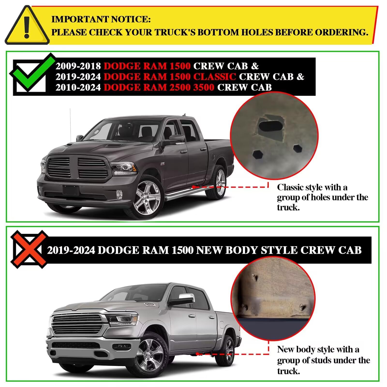 Comnova 6 Inch Running Boards For 2009-2018 Dodge Ram 1500 Crew Cab(Incl. 2019+ Classic Model), 10-24 Ram 2500 3500, Running Boa
