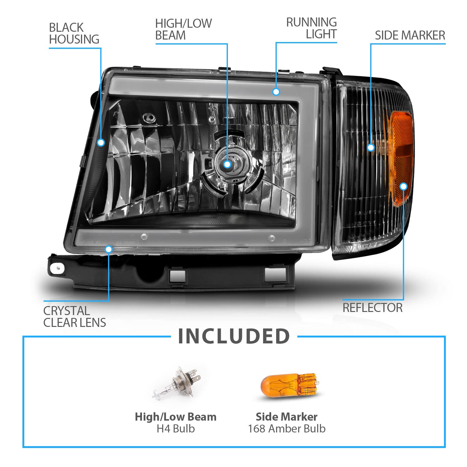 Amerilite For 1997-2000 Toyota Tacoma 2Wd Pickup Led Tube Black Reaplcement Headlights + Corner Light Set - Passenger And Driver Side
