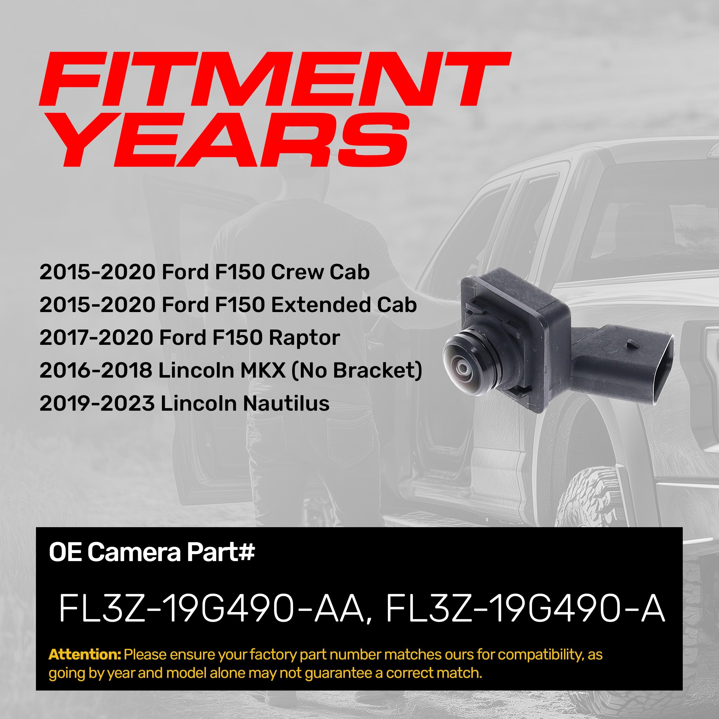 Ford F150 Crew Cab (15-20), F150 Extended Cab (15-20), F150 Raptor (17-20) / Lincoln MKX (16-18), Nautilus (19-23) RIGHT Side View OEM Replacement Backup Camera OE Part# FL3Z-19G490-AA, FL3Z-19G490-A