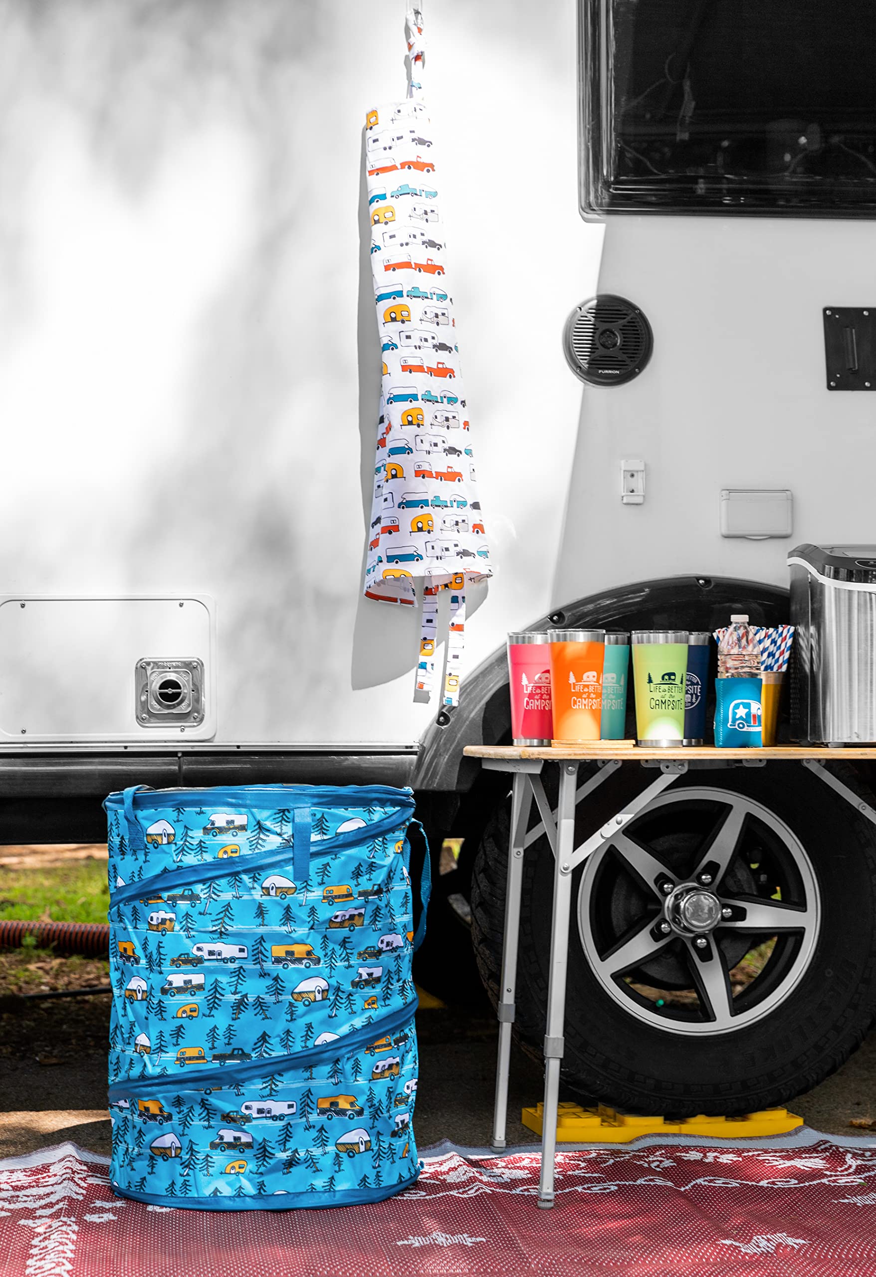 Camco Life is Better at The Campsite Pop-Up Utility Container - 18 x 24-inch - A Compact Size for Multi-Purpose Use - Sketched RVs and Trees Pattern (42987)