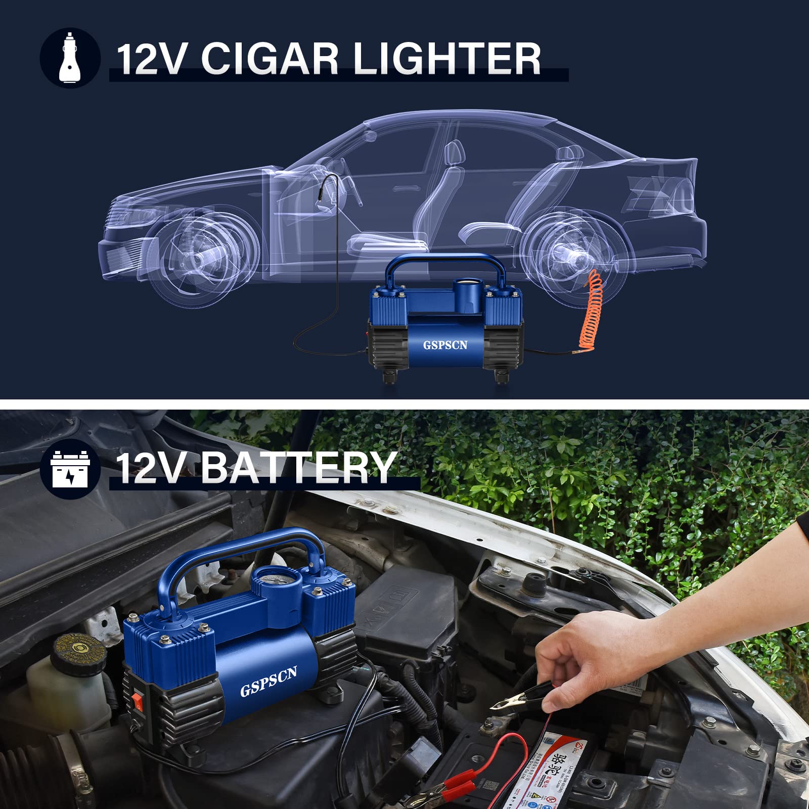 Gspscn Blue Tire Inflator Heavy Duty Double Cylinders With Portable Bag - Car Accessories,Metal Dc 12V Air Compressor Pump 150Ps