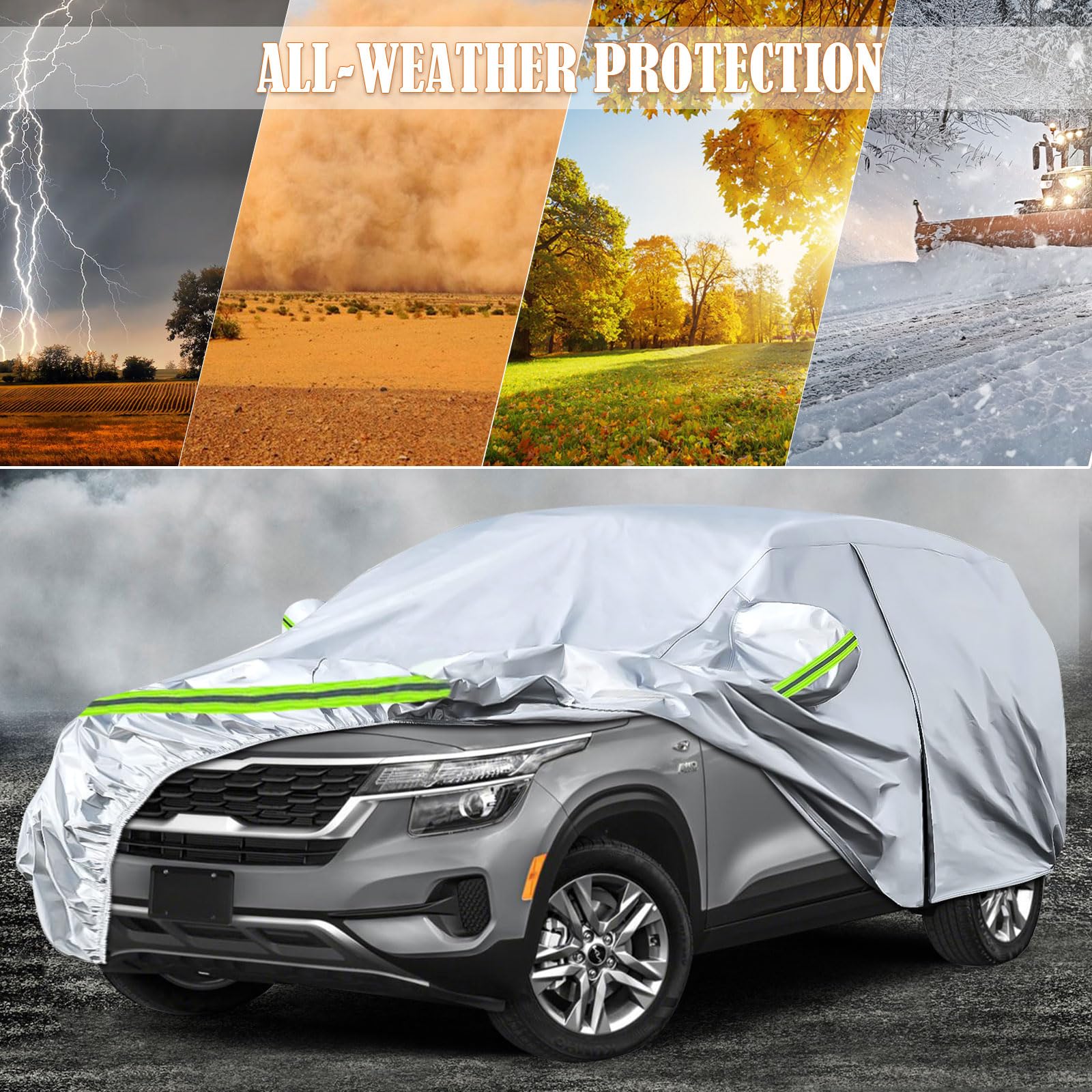 Waterproof Car Covers Replace For 2020-2025 Kia Seltos, 6 Layers Silver All Weather Car Cover With Zipper Door & Windproof Bands