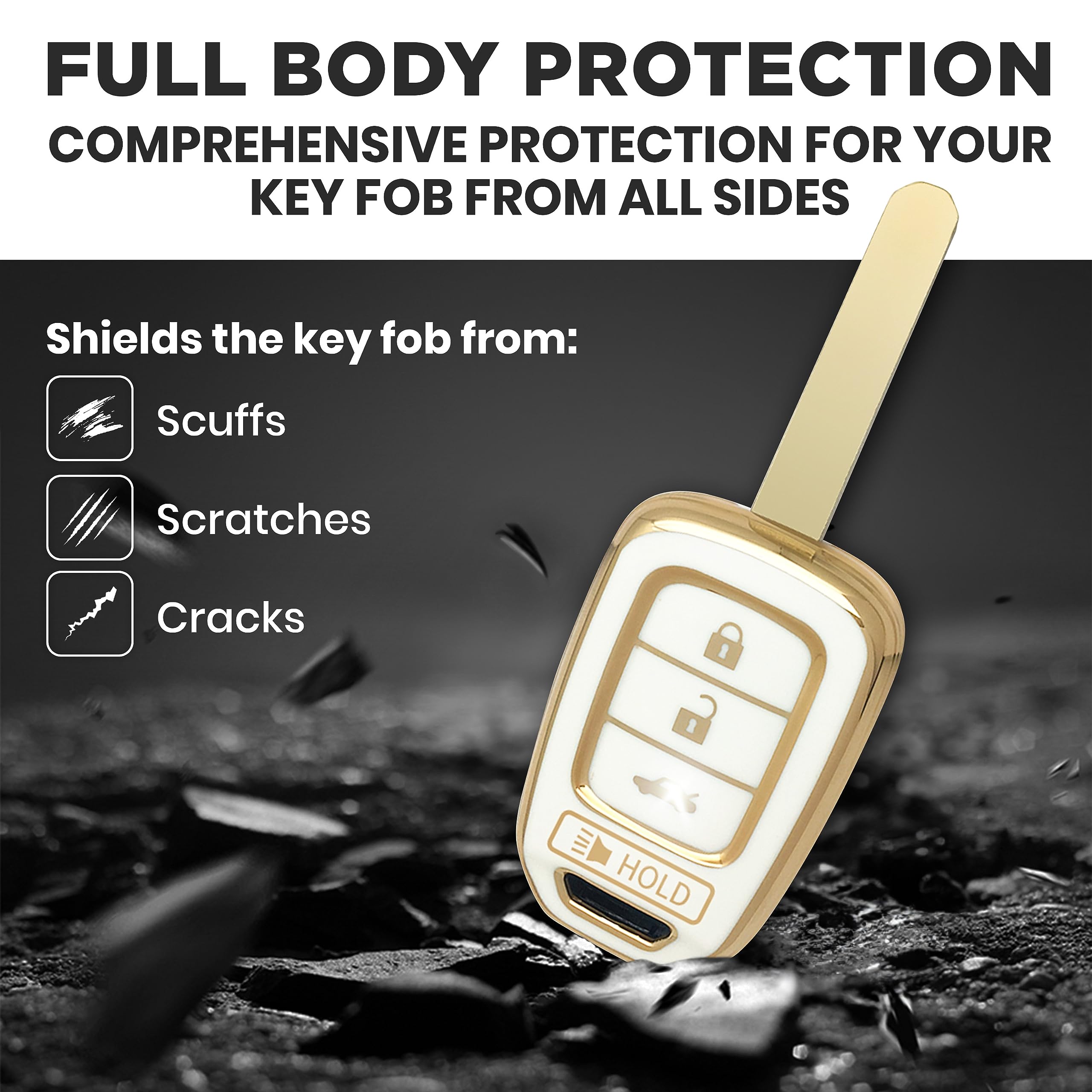 For Honda Civic Key Fob Cover And Leather Keychain - Full Cover Key Case For Honda Accord, Cr-V Se, Crv Lx, Hr-V - 2014-2022 Tpu Keyfob Cover Compatible With Mlbhlik6-1T - White And Gold