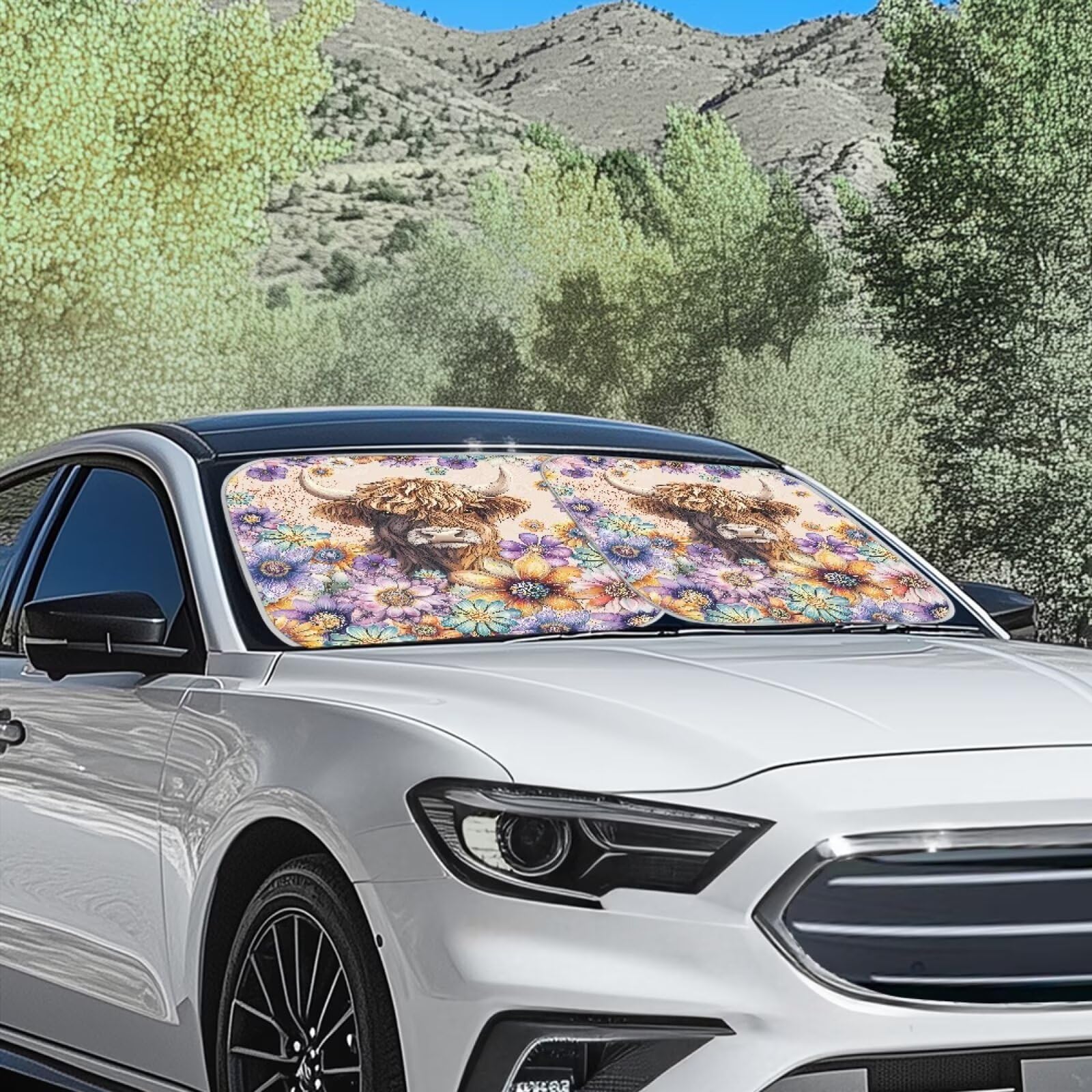 Huisefor Highland Cow Automotive Windshield Sunshades Set Of 2 Flower Sun Shade For Car Windshield Easy To Install Windshield Co