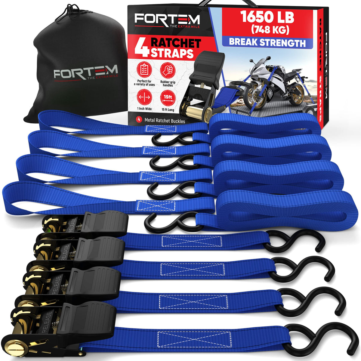 Fortem Ratchet Straps, 1650Lb Break Strength, 4 Pack 15Ft X 1In Tie Down Strap Set, 4 Soft Loops, Motorcycle Straps Tie Downs, C