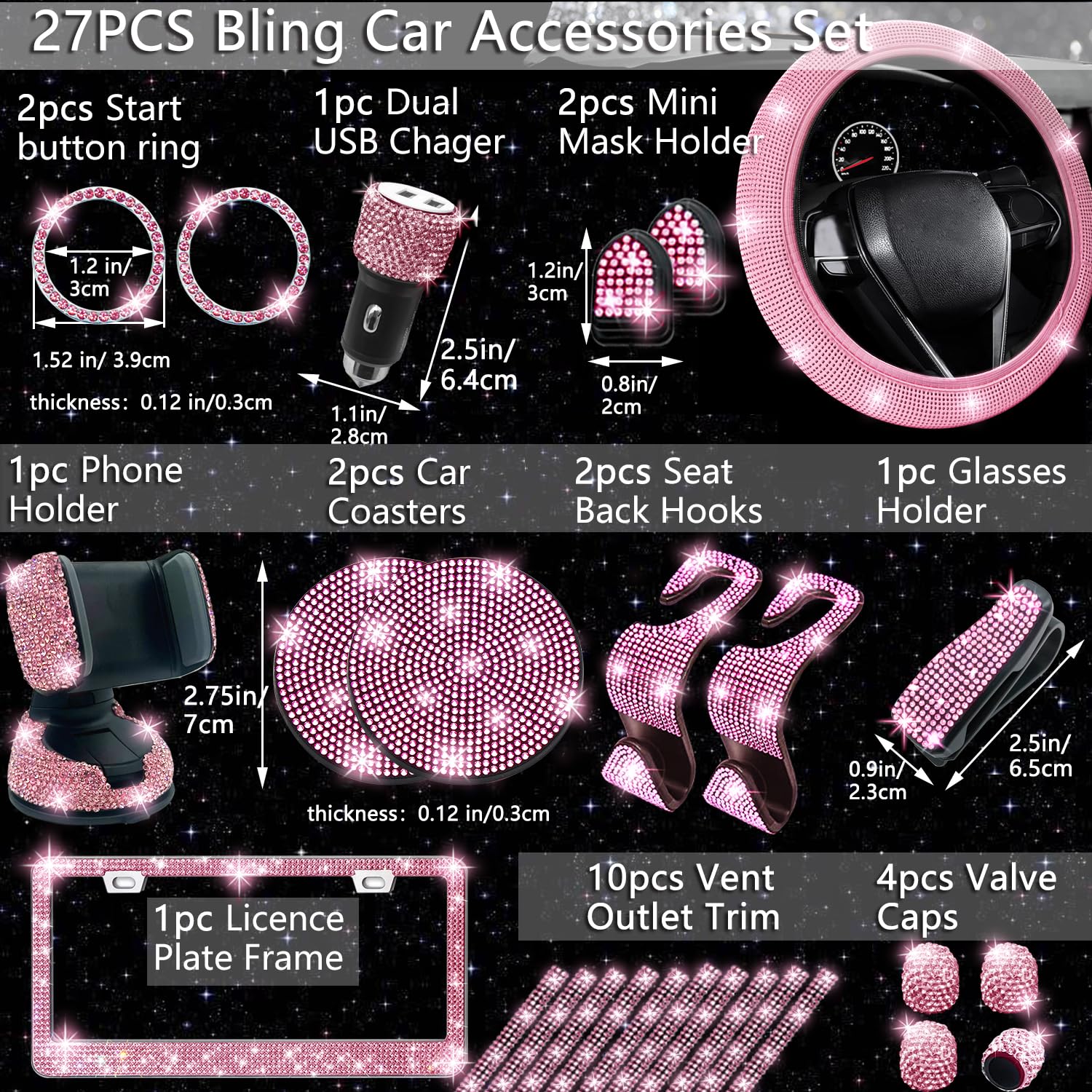 Nbtepem 27 Pcs Pink Bling Car Accessories Set For Women, Bling Steering Wheel Covers Universal Fit 15 Inch, Bling License Plate