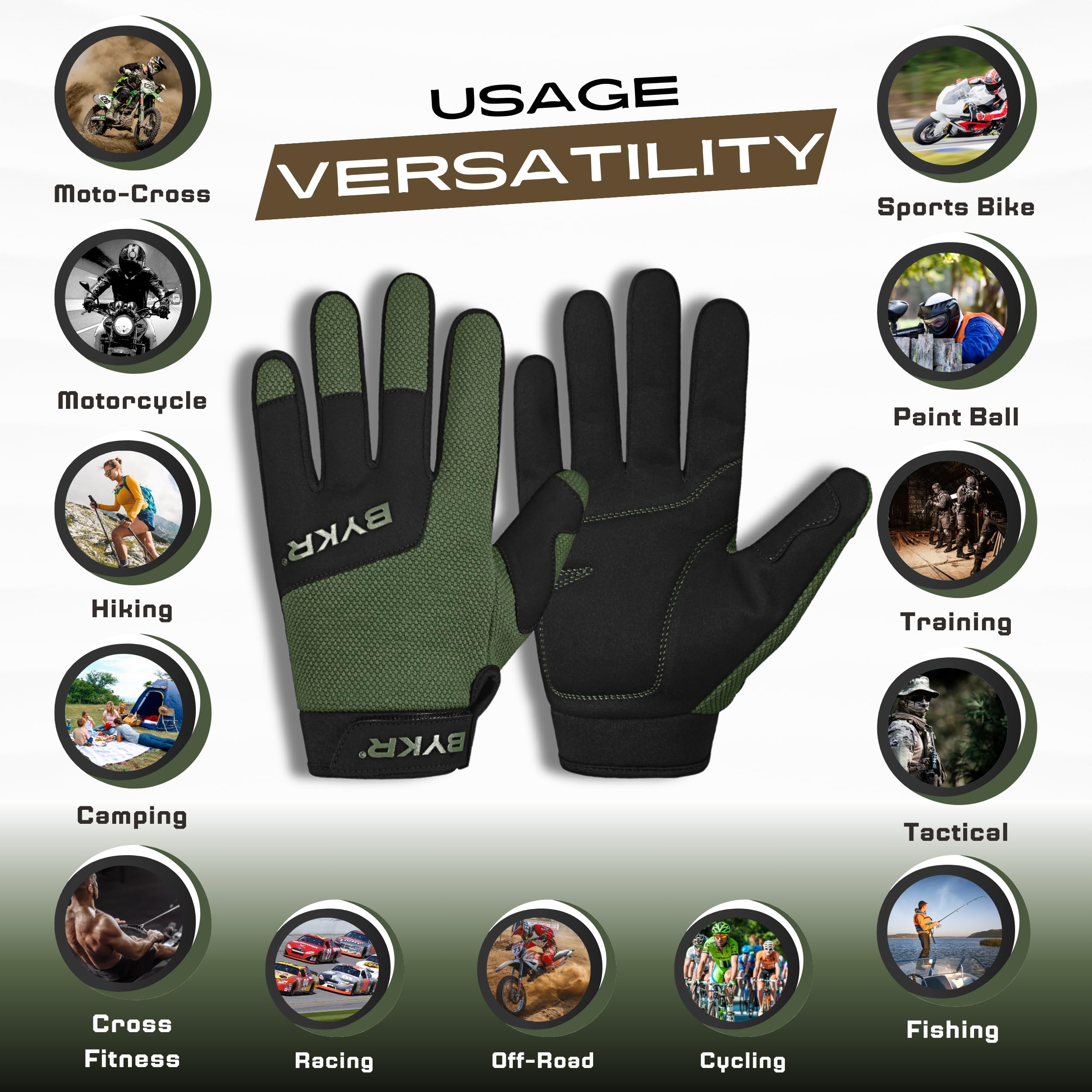 Bykr All-Weather Motorcycle Gloves For Men & Women - Protection For Dirt Bike, Bmx, Mx, And Atv Riding - Mil Green M
