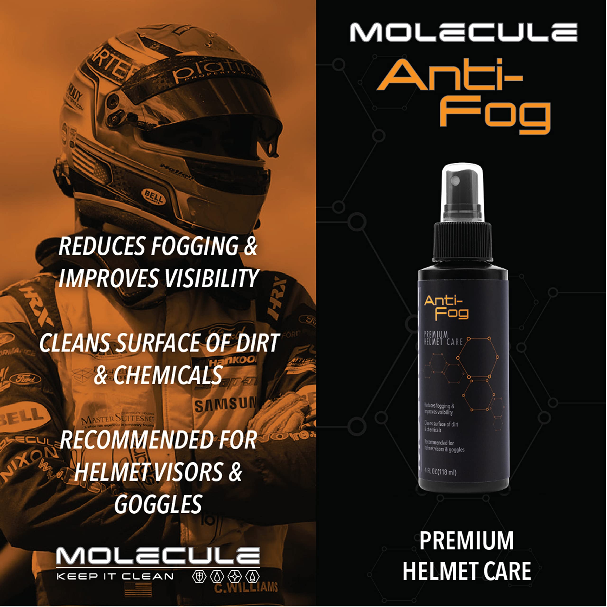 Molecule Premium Helmet Care Kit, Includes Anti-Fog, Cleaner Polish, Helmet Refresh, And Rain Repel, For Helmets, Visors, And Goggles, Cleans And Details, 4 Ounces (1 Kit)