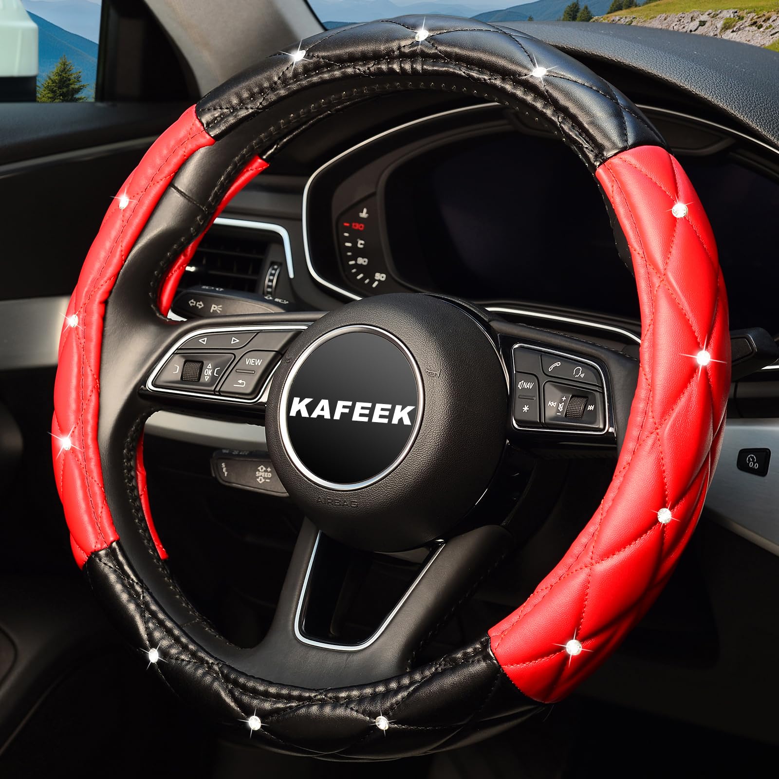 Kafeek Diamond Soft Leather Steering Wheel Cover With Bling Bling Crystal Rhinestones, Universal 15 Inch, Black Red