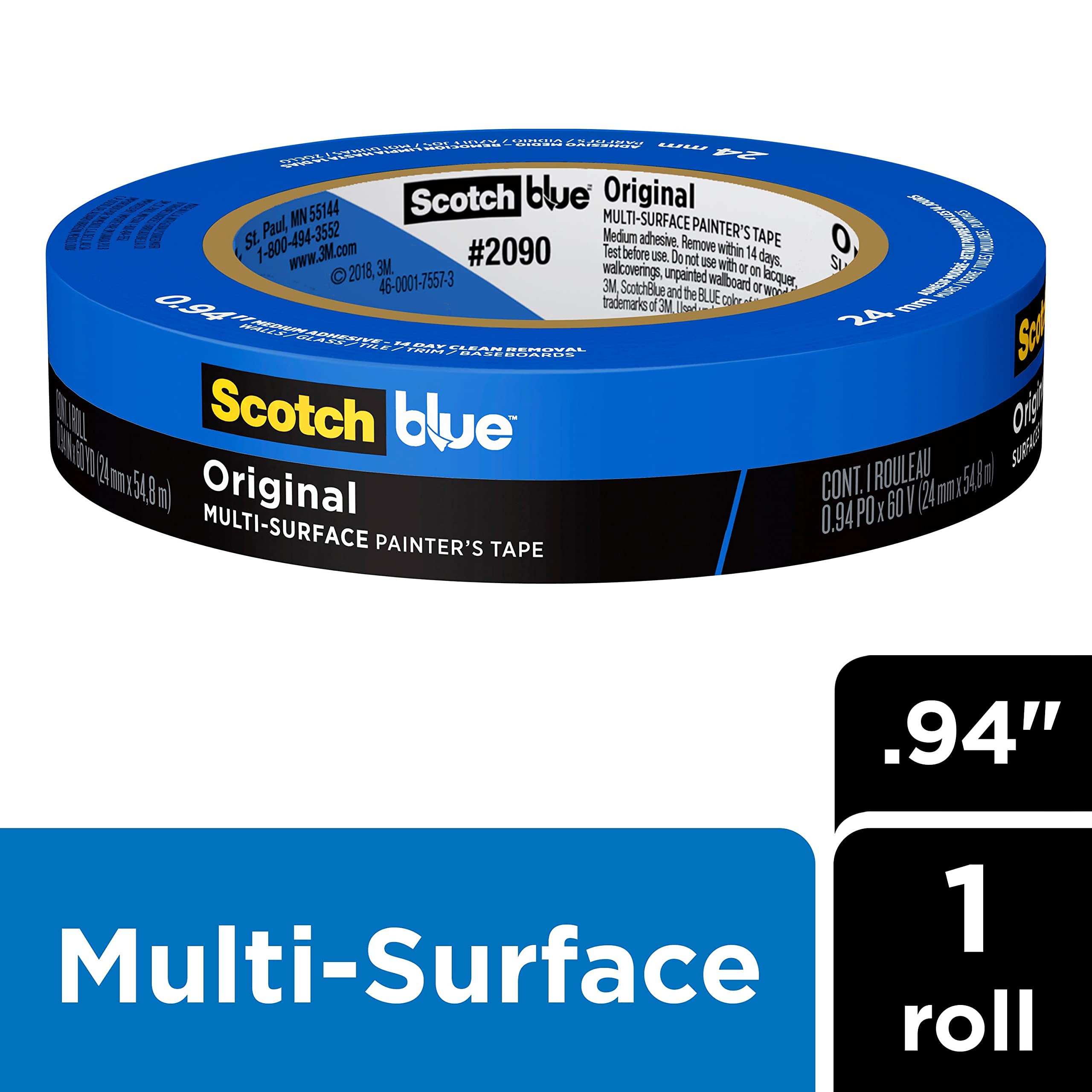 Scotchblue Original Multi-Surface Painter'S Tape, 0.94 Inches X 60 Yards, 1 Roll, Blue, Paint Tape Protects Surfaces And Removes