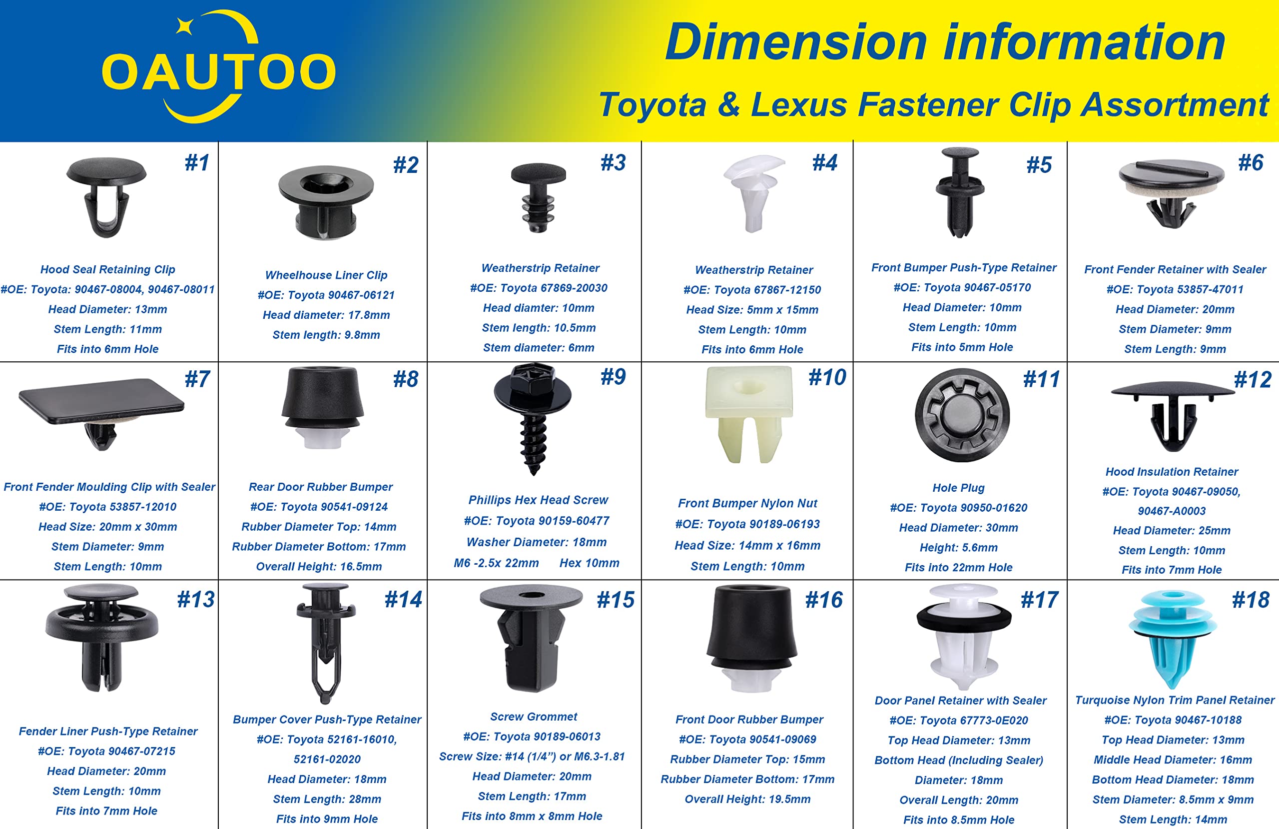 OAUTOO 259pcs Retainer Clip Assortment for Lexus & Camry - Nylon, Black, One Size, Model QT514