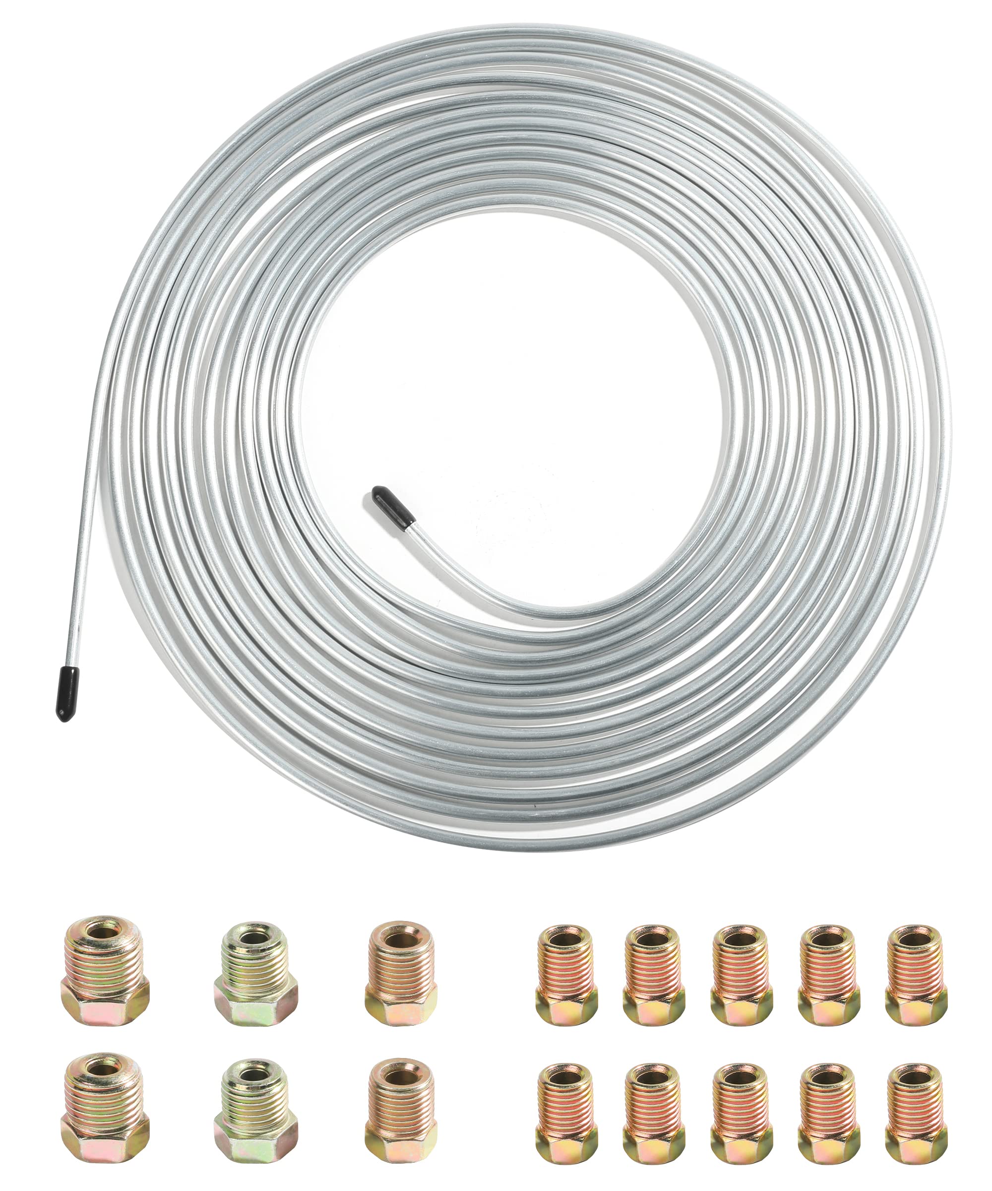 Yakefly 25 Ft. 3/16 Copper Nickel Brake Line,Rustproof Brake Line Tubing Kit,Flexible Copper Coated Brake Line Tubing Coil With 16 Inverted Flare Fittings For Hydraulic Fuel Transmission (Silver)