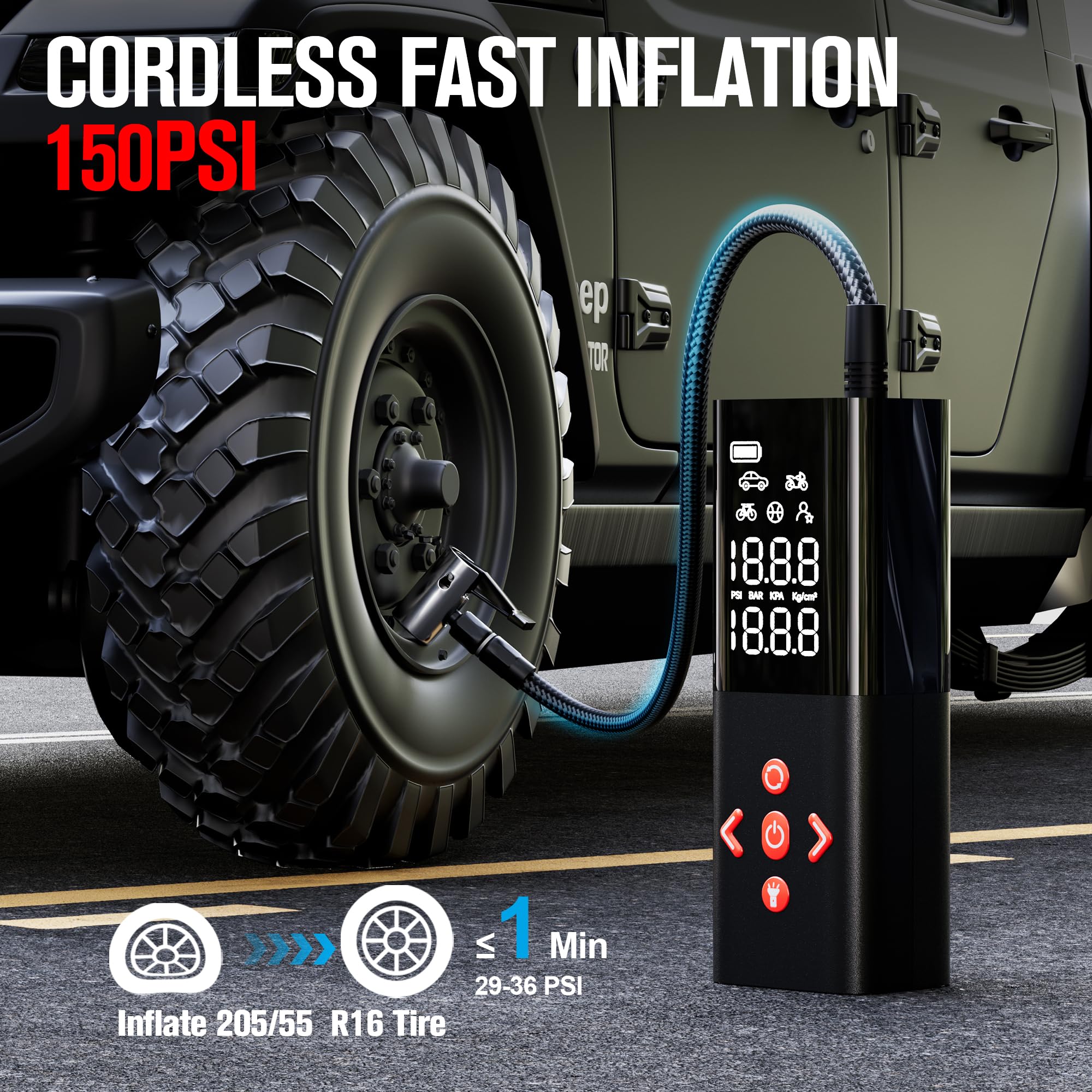 Gooloo Ap150 Tire Inflator Portable Air Compressor, 3X Faster 150Psi Cordless Air Pump With Auto-Shutoff, Portable Bike Pump Wit