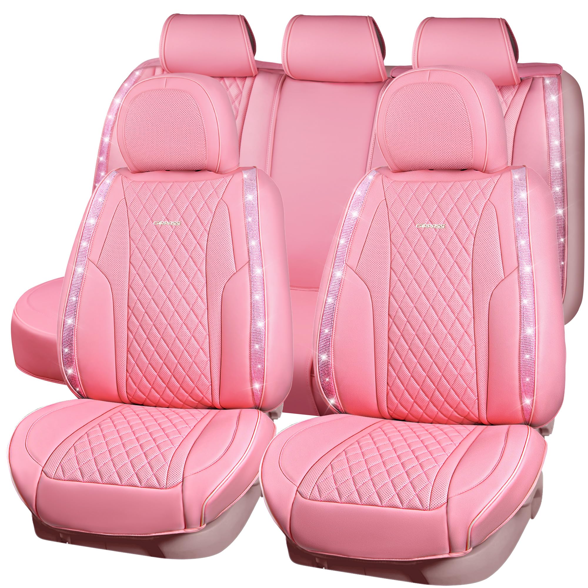 Car Pass Pink Nappa Leather Car Seat Covers For Full Seats, Bling Diamond Waterproof Seat Protectior Universal Fit Auto Suv Seda