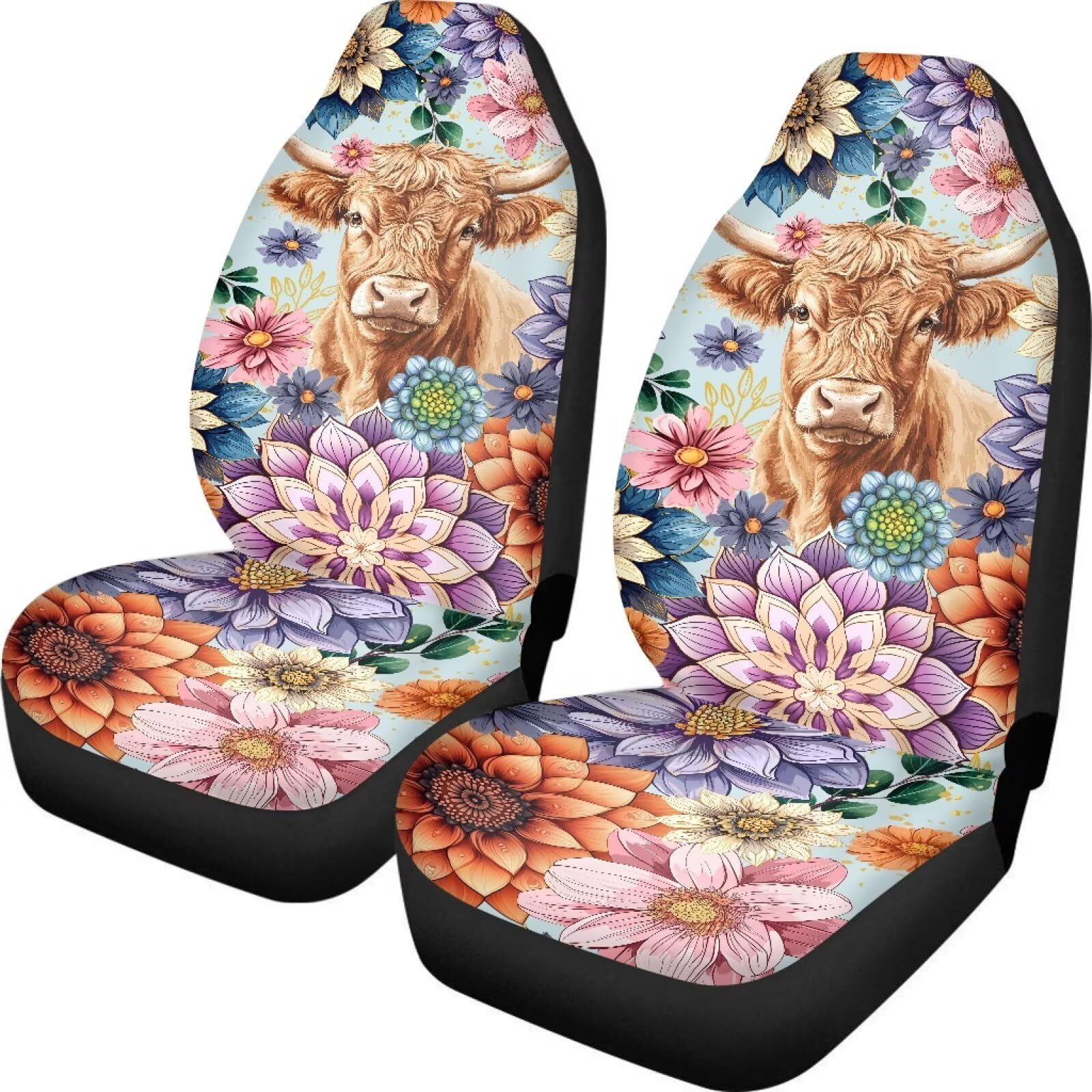 TOADDMOS Anti-Slip Car Seat Cover Front Seats Only,Boho Mandala Highland Cow Comfort Automotive Car Interior Covers Vehicle Cush