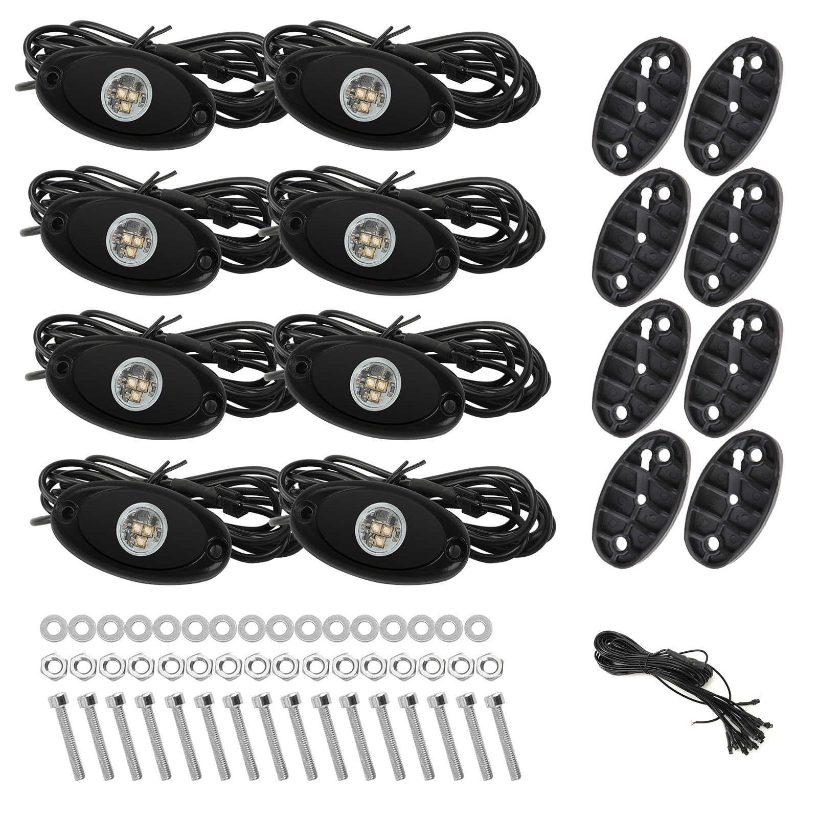 Sunpie 8 Pods Quick Connect White Rock Lights, 4M Extension Wires Each Light, 3 High Power Chips, 6000K Pure White, Rubber Mount