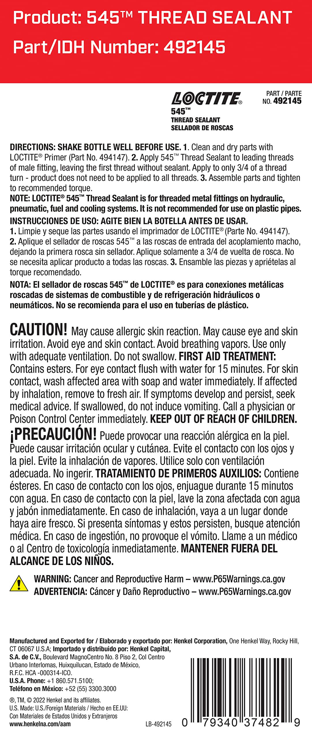 Loctite 37482 545 Purple Pneumatic/Hydraulic Thread Sealant, 36 ml - High Performance, Leak Proof Solution for Critical Applications