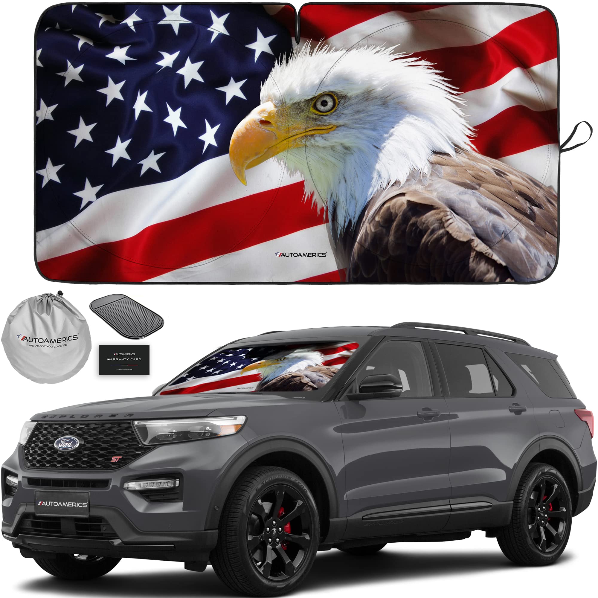 Autoamerics 1-Piece Windshield Sun Shade American Eagle Flag - 2 Usa Patriotic Design - Foldable Car Front Window Sunshade For S