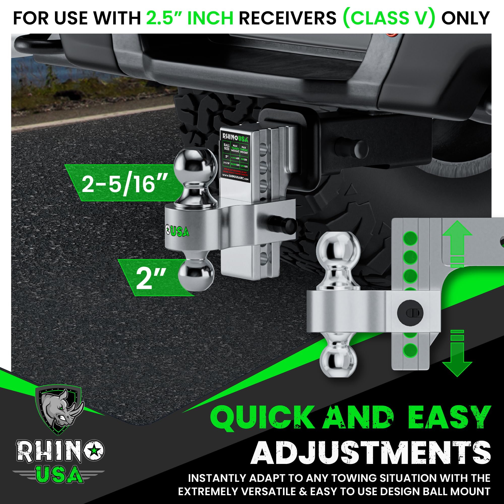 Rhino USA Adjustable Trailer Hitch - Heavy Duty Aluminum, 2.5" Receiver, 6" Drop/Rise, 18,500 LBS GTW, Weatherproof Locking Pins, Br