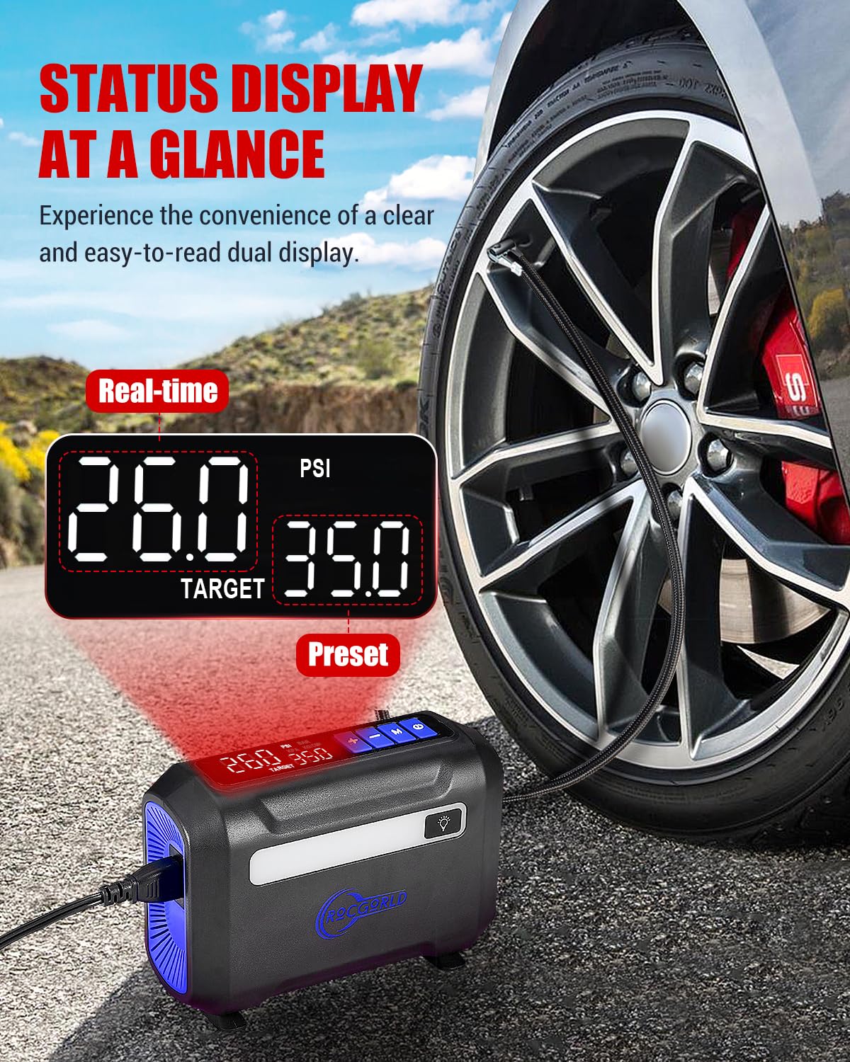ROCGORLD R8 Tire Inflator Portable Air Compressor, DC 12V Air Compressor Portable with Large Dual Digital Screen, 3X Faster Infl