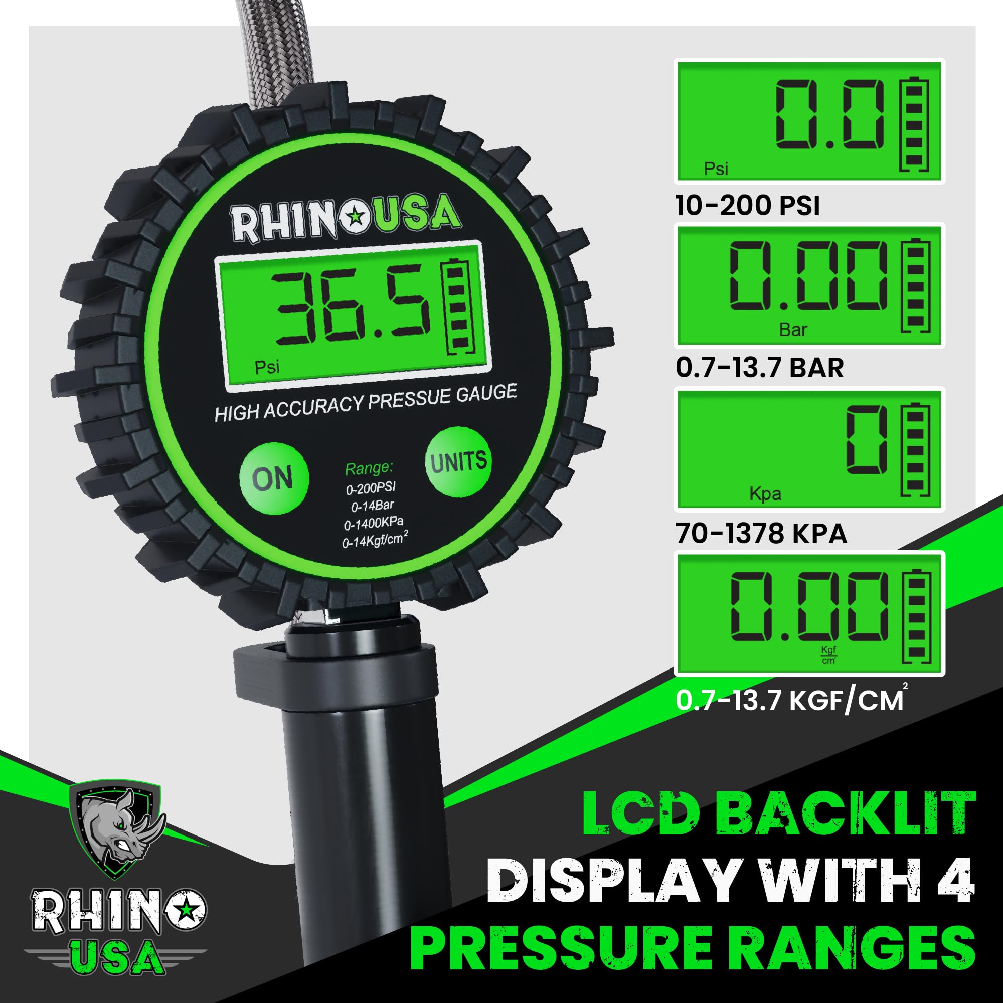 Rhino USA Digital Tire Inflator with Pressure Gauge (0-200 PSI) - ANSI B40.7 Accurate, Large 2' Easy Read Glow Dial, Premium Braided Hose, Solid Brass Hardware, Best for Any Car, Truck, Motorcycle, RV