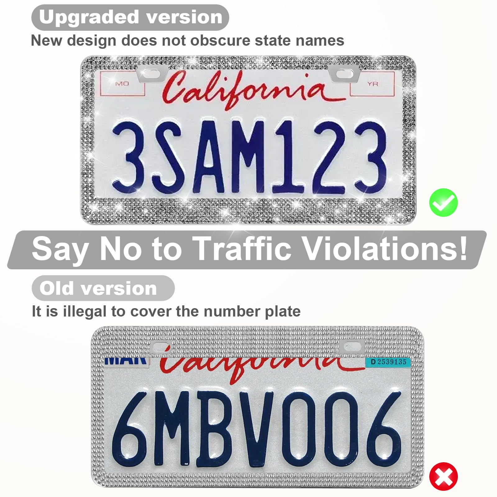 Quanqiufei 2 Pack Bling License Plate Frames For Women, Sparkly Rhinestone Diamond Car Accessories With Glitter Crystal Caps (Gi