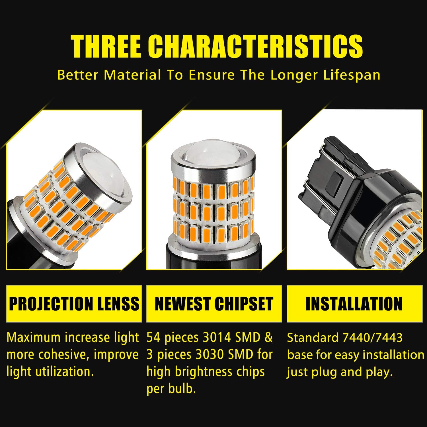 Auxlight 7440 7441 7443 7444 T20 992 W21W Led Bulbs Amber Yellow, Ultra Bright 57-Smd Led Replacement For Blinker Lights, Turn Signal/Parking Or Running Lights, Brake/Tail Lights (Pack Of 2)