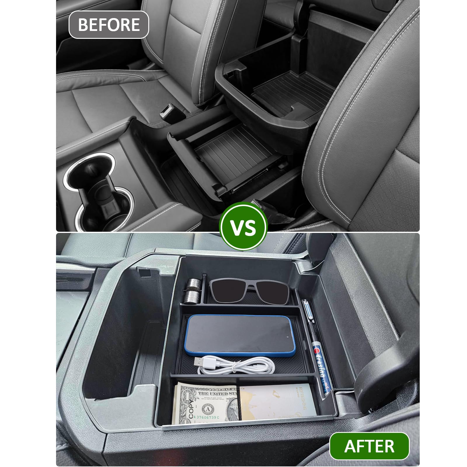 TOPINSTALL Power Sliding Console Tray for 2021-2026 Chevy Tahoe/Suburban/GMC Yukon, Black ABS Armrest Organizer