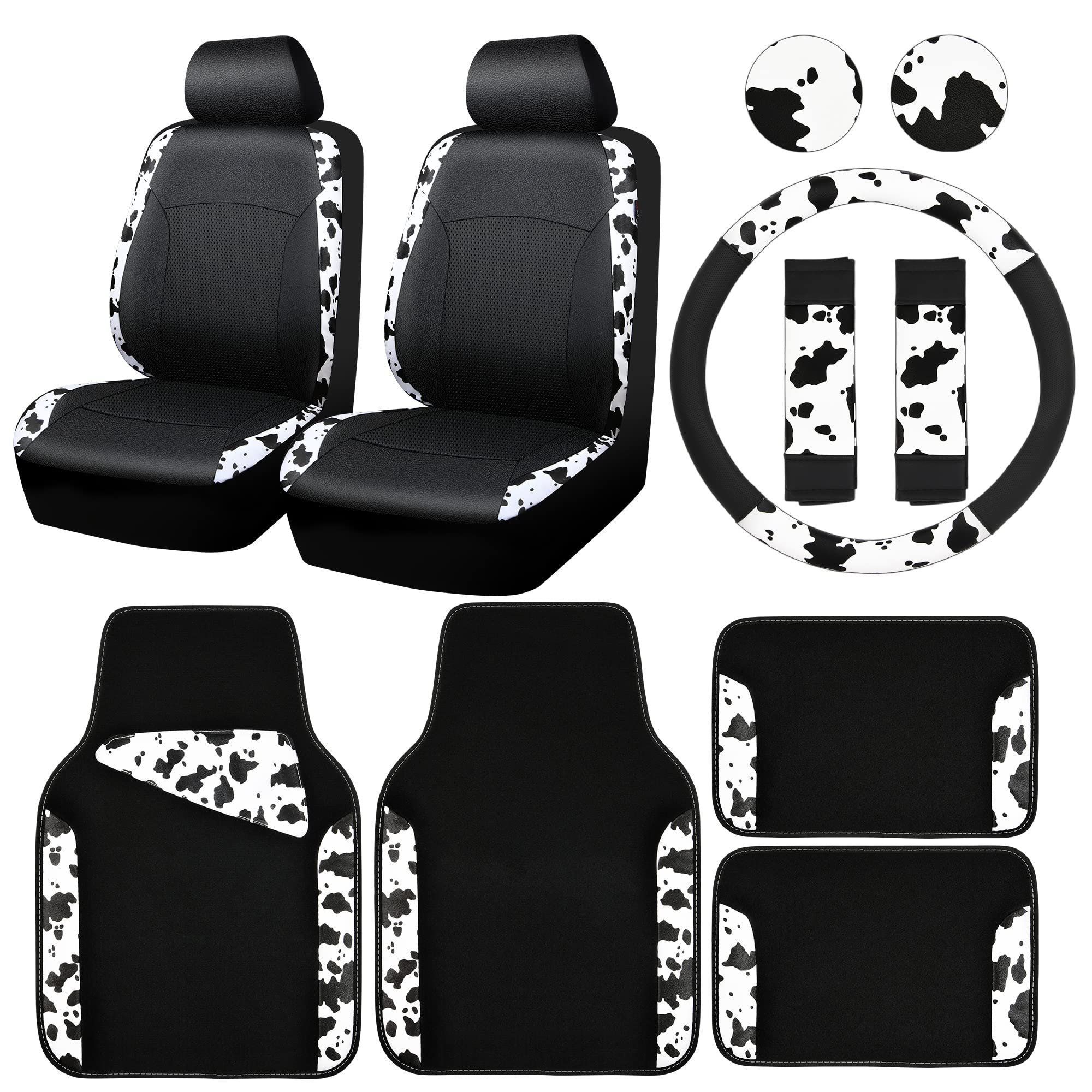 Car-Pass Cow Print Car Accessories Sets Faux Leather Car Seat Covers & Cow Car Mats & Cow Steering Wheel Cover Seat Belt Pads Un