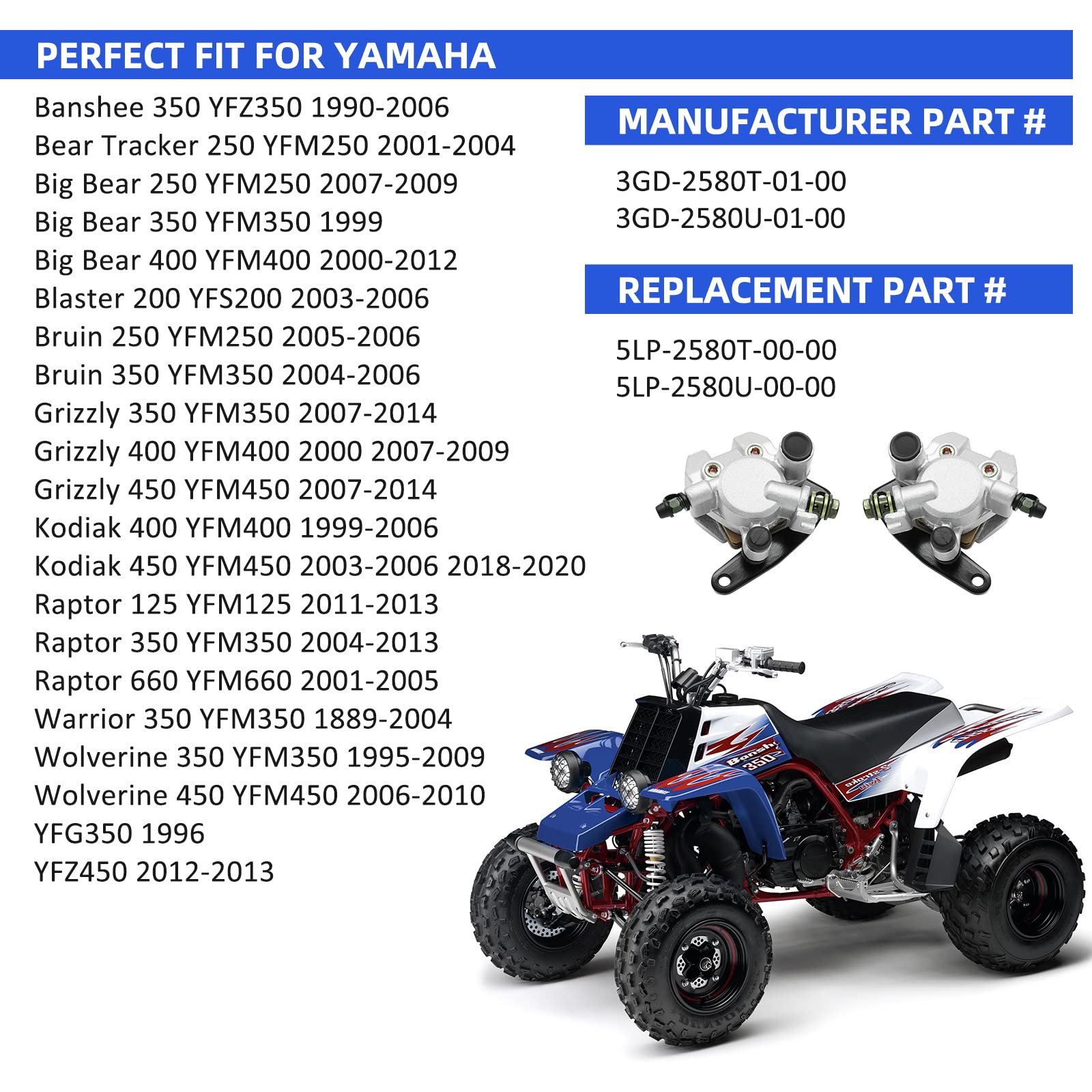 M Mati Front Left Right Brake Calipers & Pads For Yamaha Banshee Big Bear Grizzly Kodiak Raptor Warrior Wolverine Yfm 125 250 350 400 450 660 Yfz350 3Gd-2580T-01-00 3Gd-2580U-01-00