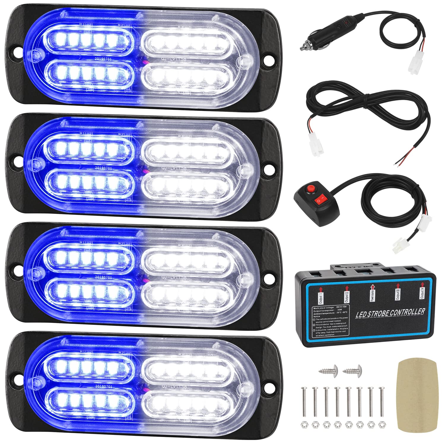 Linkitom 4Pcs Ultra Slim Sync Feature 24-Led Car Truck Surface Mount Emergency Hazard Warning Strobe Light (Blue&White)