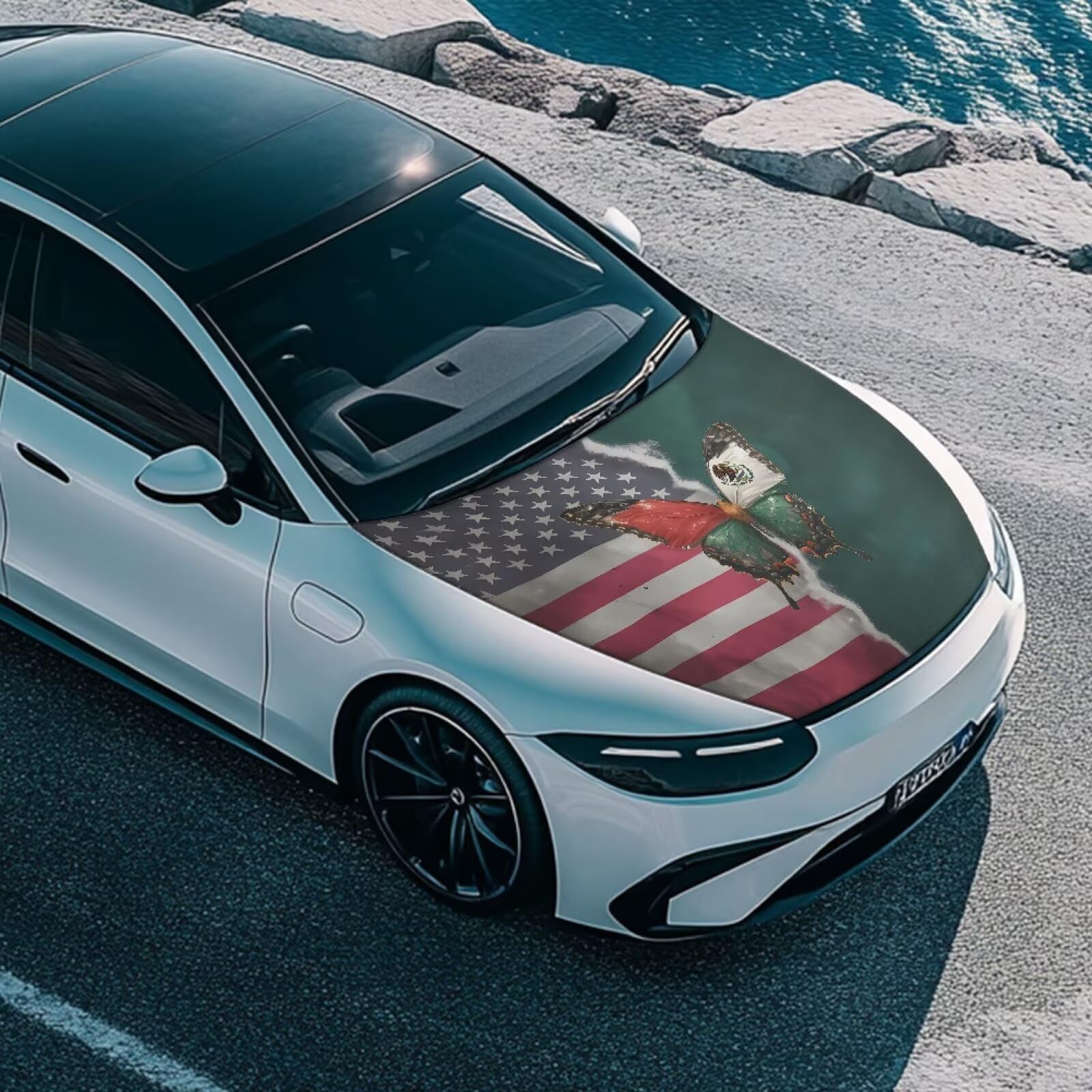 USA Flag Butterfly Hood Cover for Car Sedans SUV Trucks, 59  39 Inch Stretchable Mexican Flag Design Auto Hood Wrap Blankets, Un