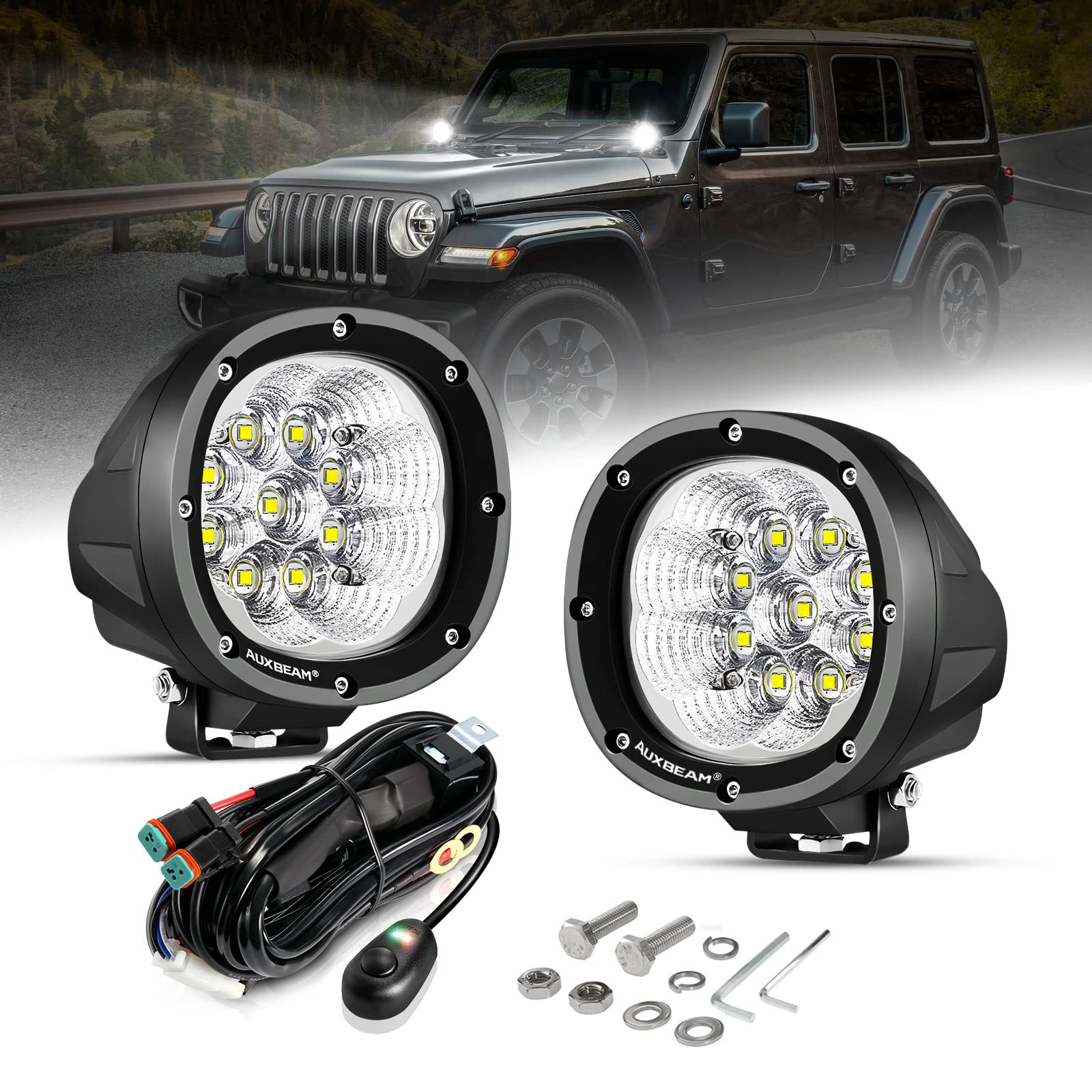Auxbeam 4 Inch Round Led Light Pods, 90W Offroad Flood White Light Bar, Super Bright 9000Lm Driving Work Light With Dt Plug Wiri