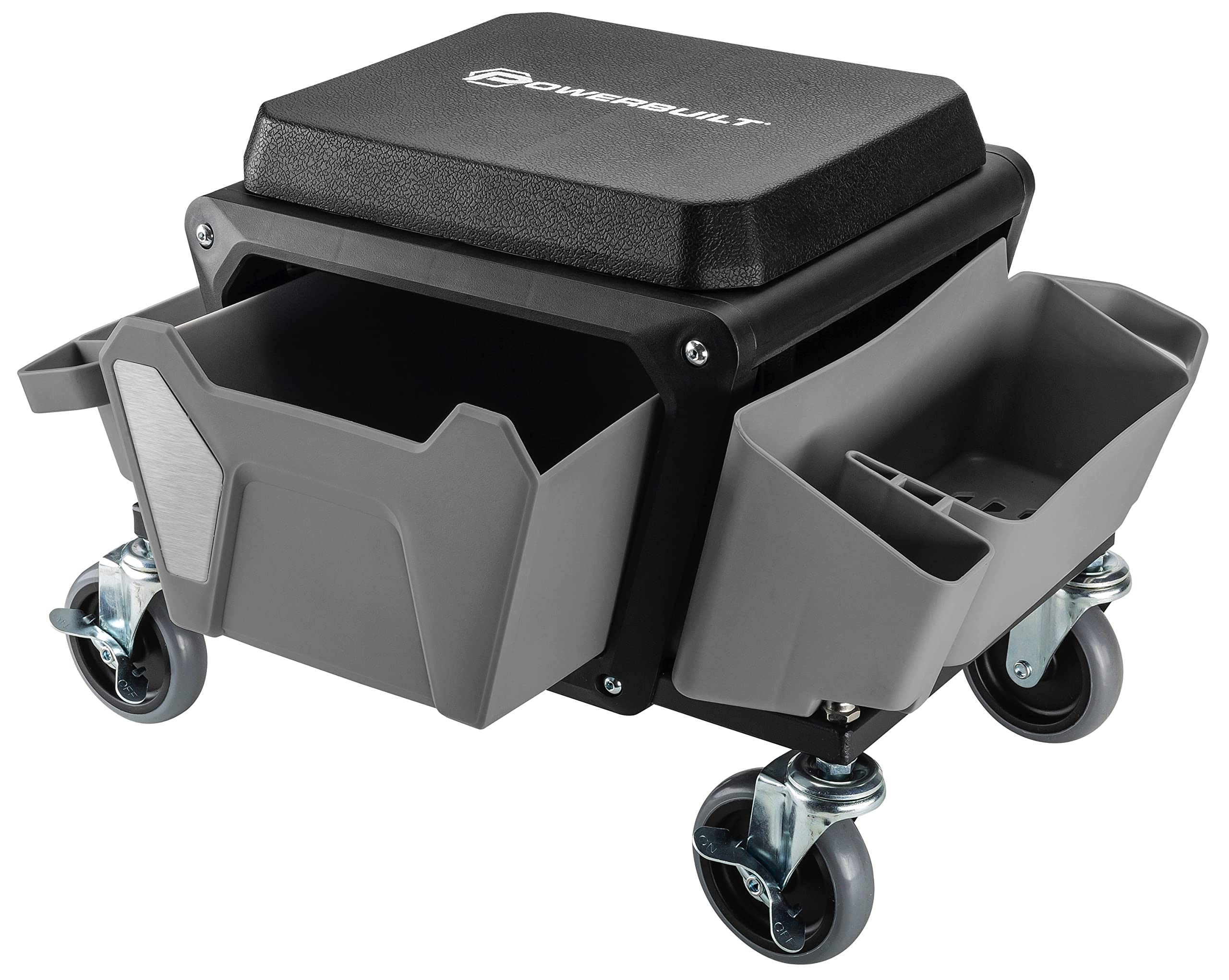 Powerbuilt Rolling Work Seat Brake Stool with 4-inch Rubber Lockable Wheels, Big Seating Platform, Tool Trays and Drawer 330 lb.