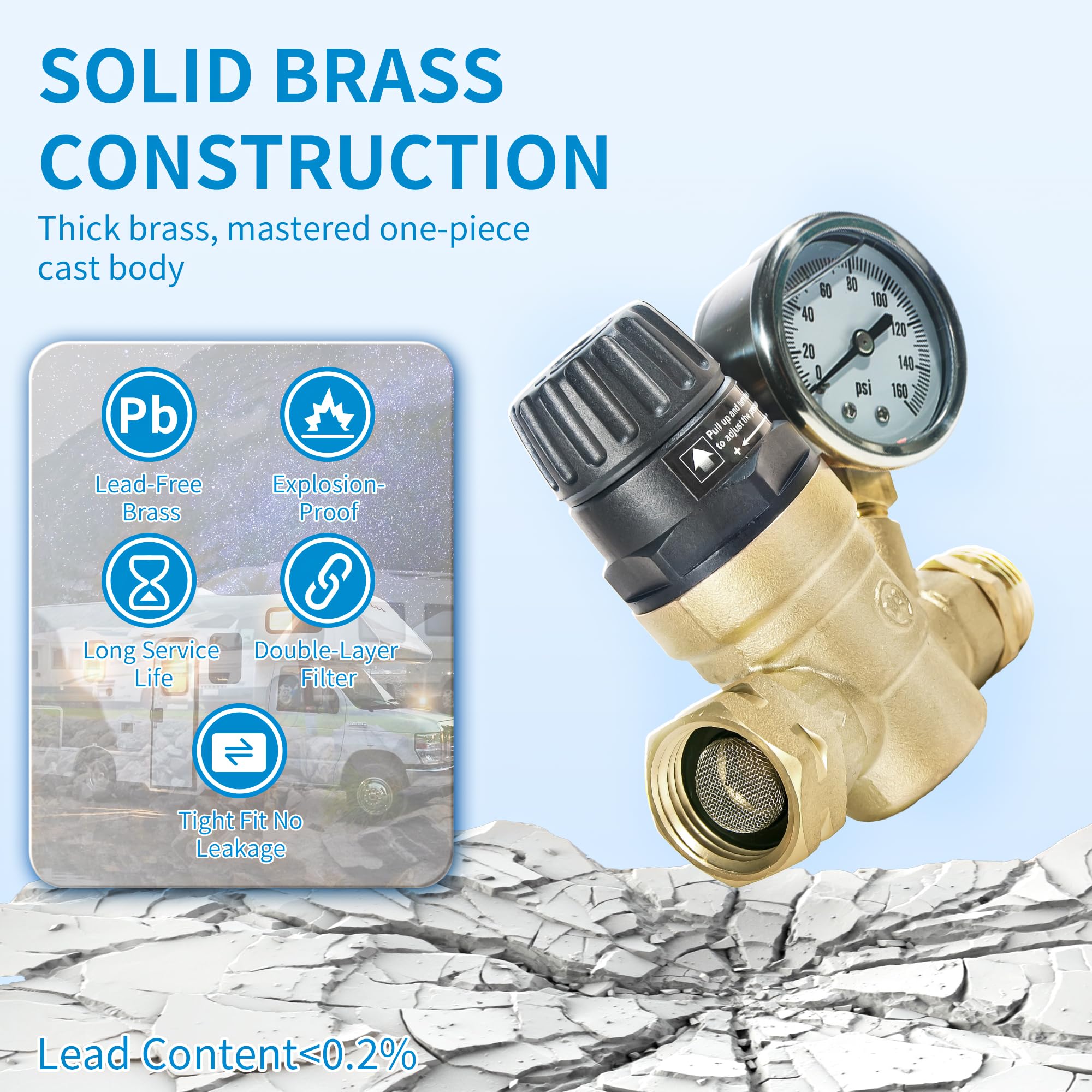 vidonio RV Water Pressure Regulator with Adjustable Handle, Lead-Free Brass Water Pressure Regulator for RV Camper with Pressure