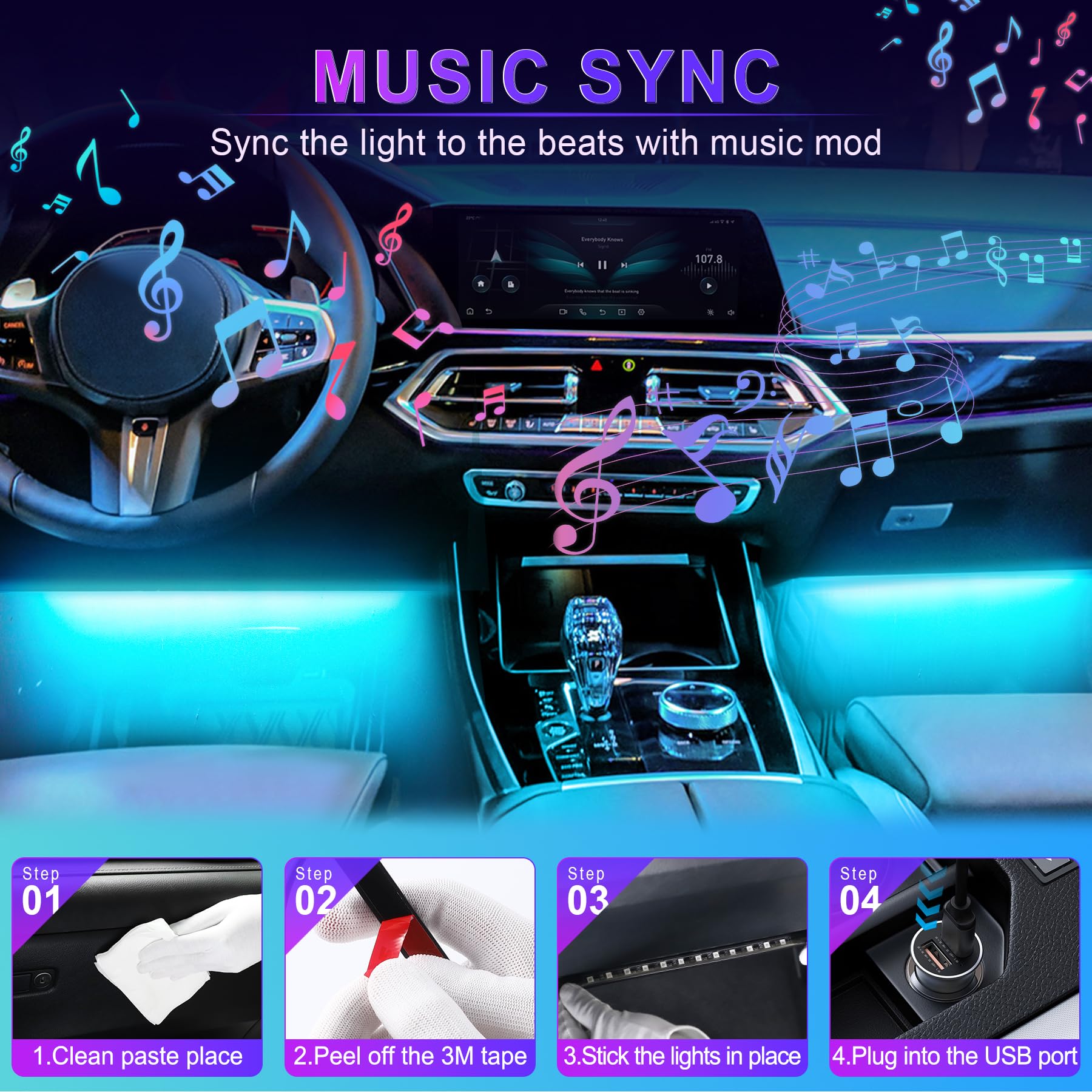 Livtee Accent Interior Car Lights, Smart Car Interior Lights With App Control, Rgb Led Lights With Music Mode And Diy Mode, 2 Li
