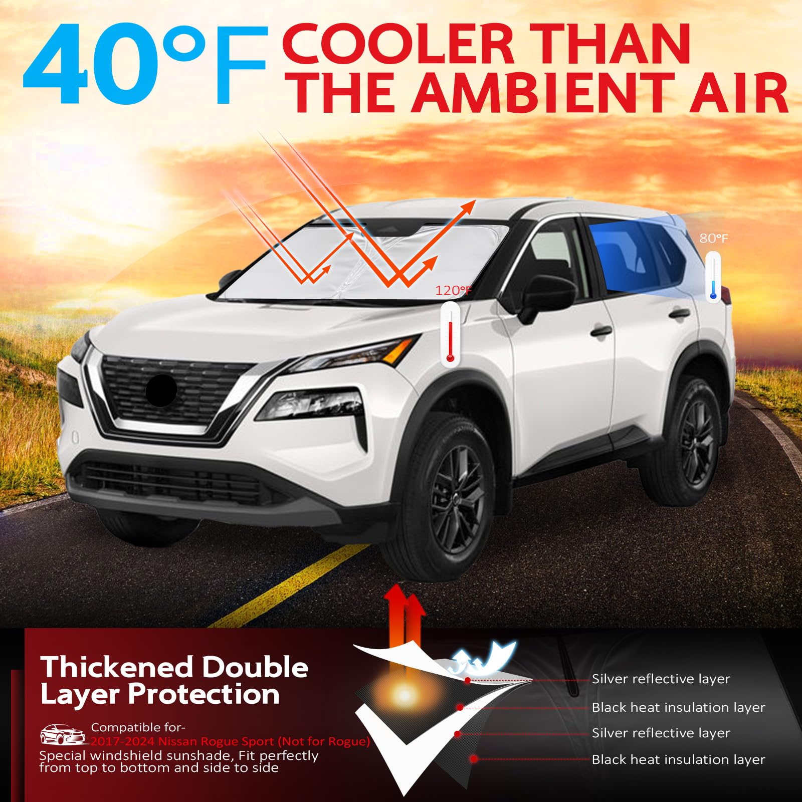 Kayzt Windshield Sun Shade For 2017-2024 Nissan Rogue Sport (Not For Rogue) Foldable Sunshade Front Window Custom Fit Car Access