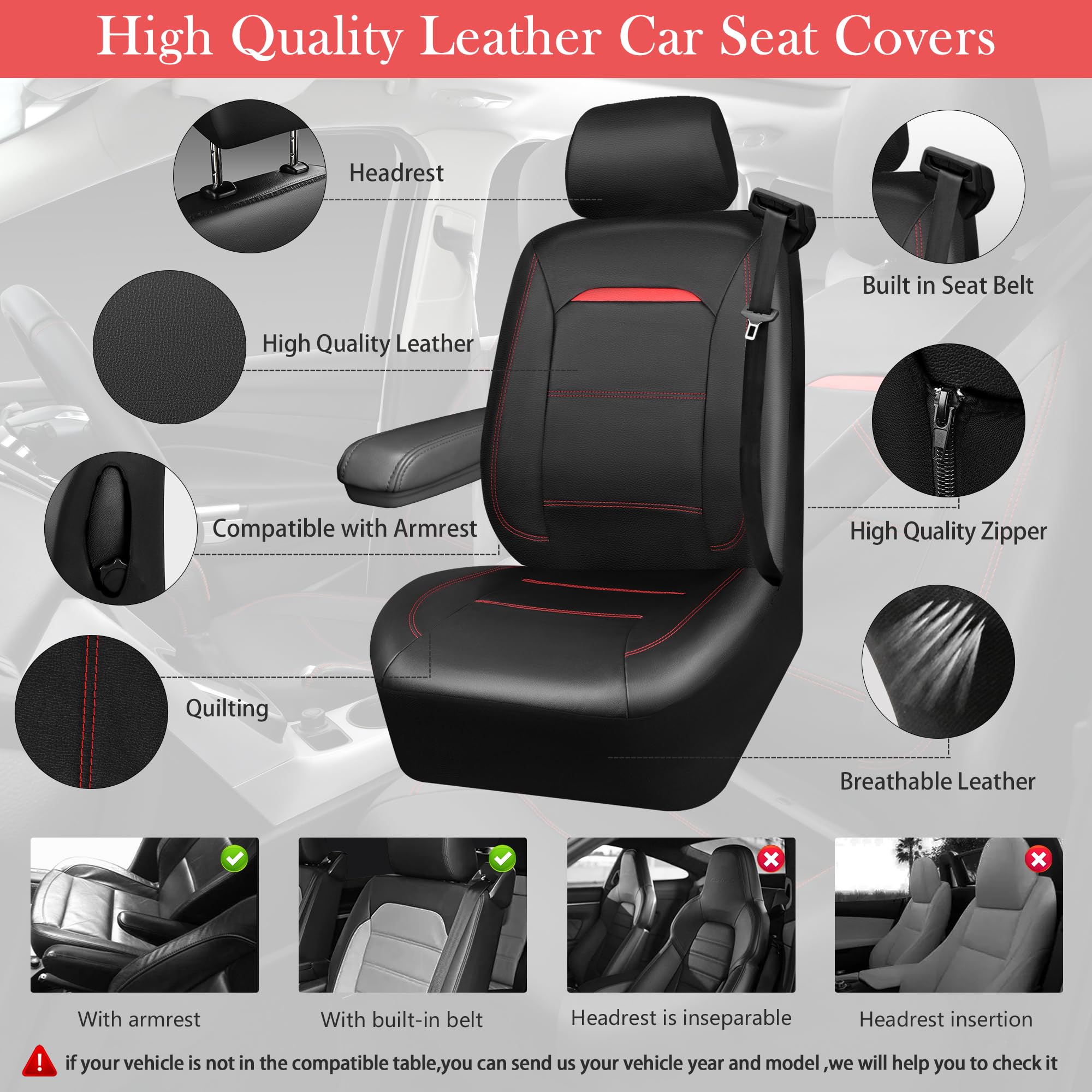 Car Pass Leather Car Seat Cover Full Set With Steering Wheel Cover And 2Pcs Seat Belt Shoulder Pads,For Trucks And Suv With Buil