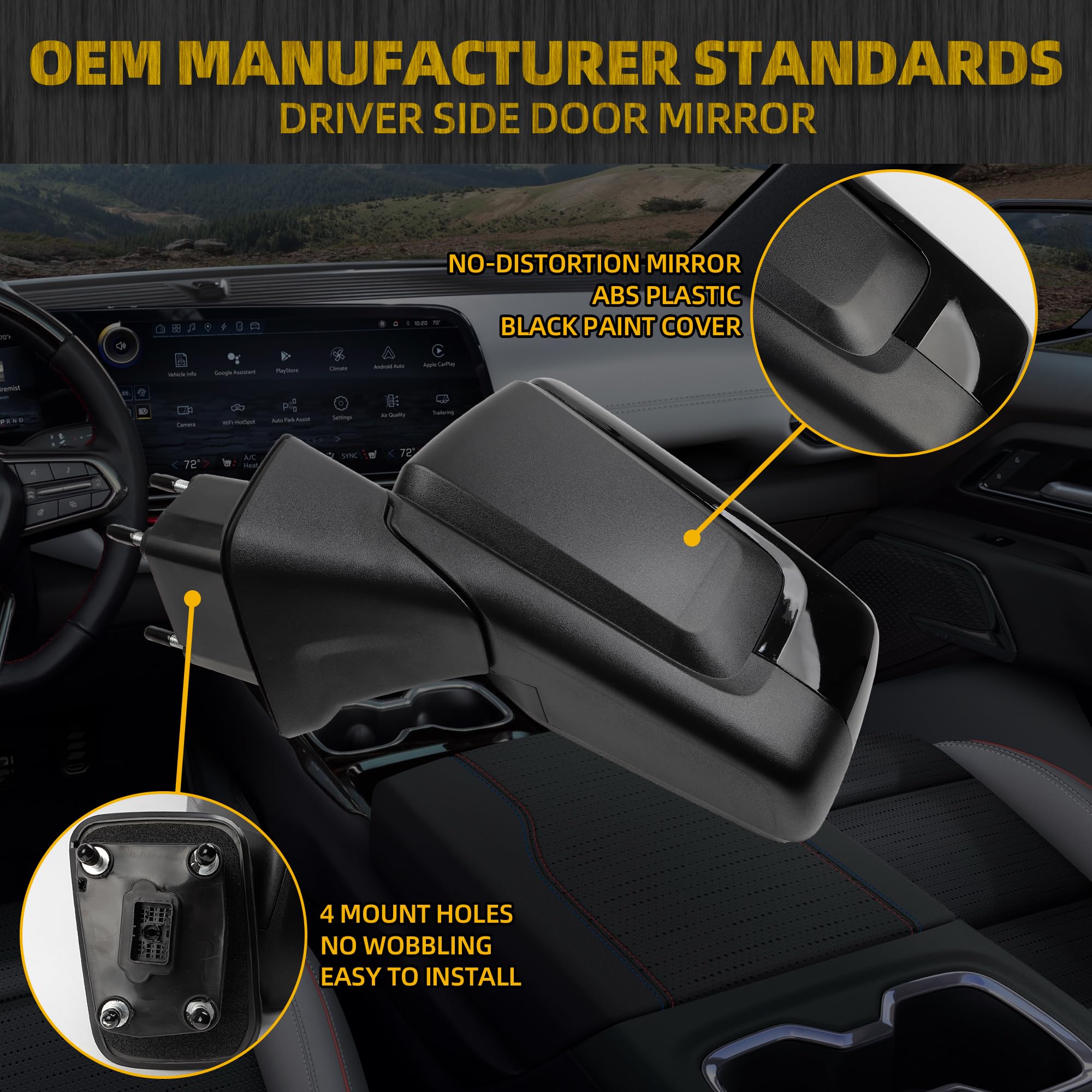 Dasbecan Left Driver Side Mirror Compatible with 2019-2024 Chevy Silverado 1500 Blind Spot/Power Glass/Manual Folding Glossy Bla