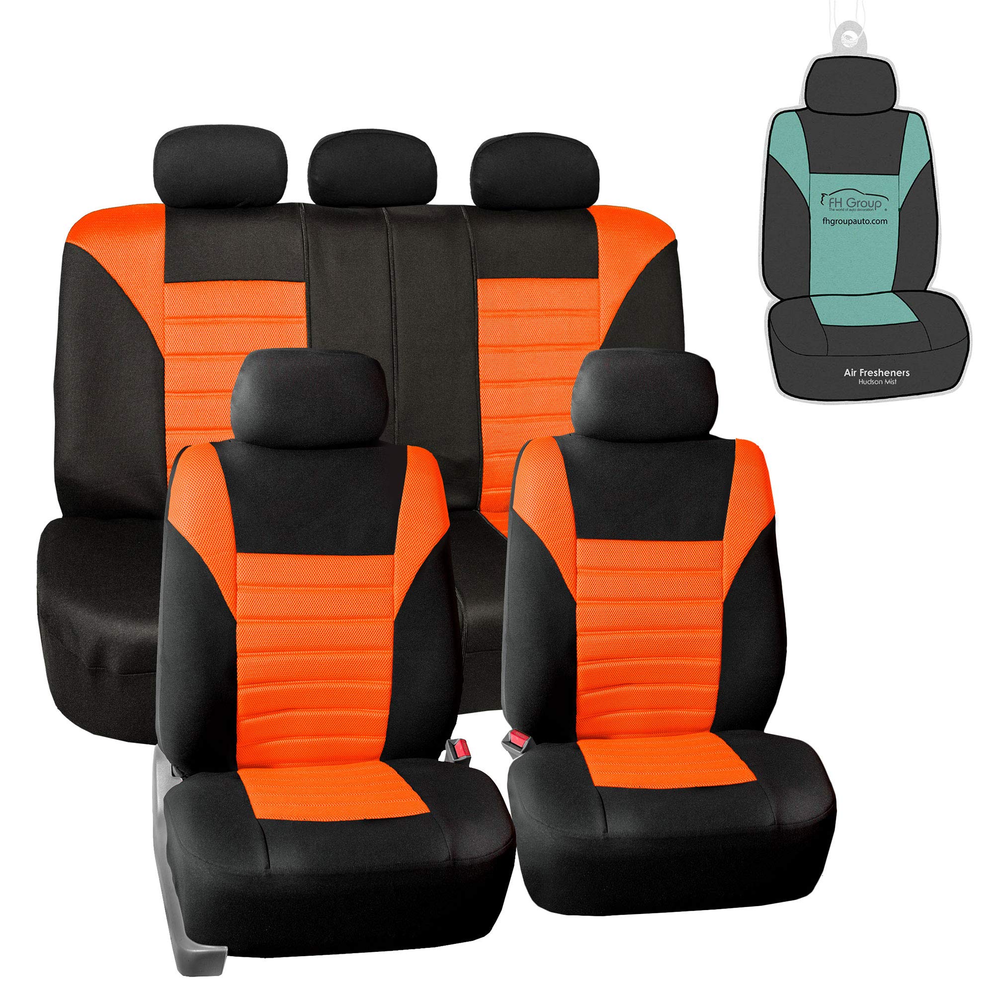 Fh Group Automotive Car Seat Covers Full Set Premium 3D Air Mesh Orange And Black Seat Covers, Airbag Compatible And Split Bench
