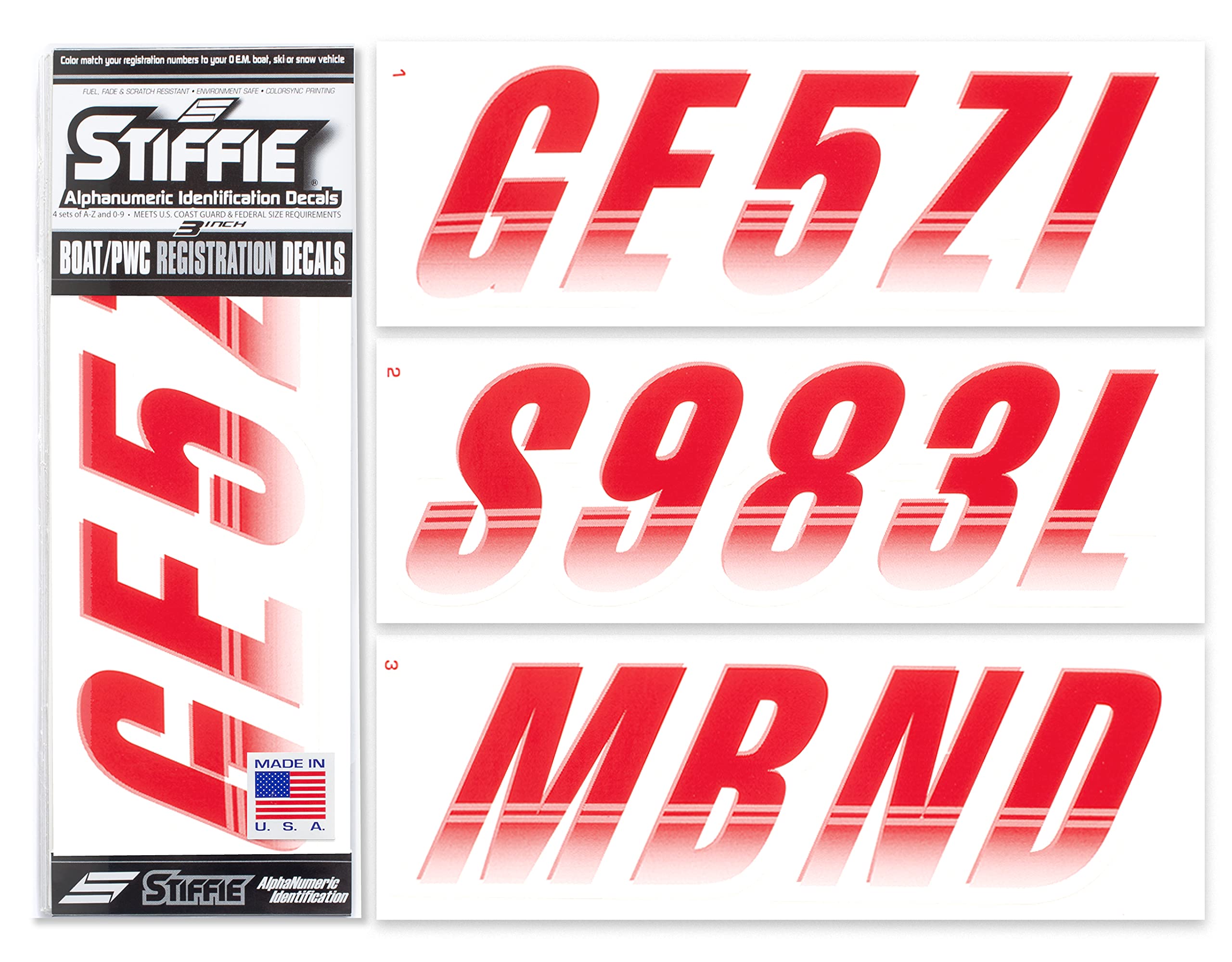 Stiffie Techtron Red/White 3 '' Boat & Pwc Registration Decals  Numbers Letters Stickers