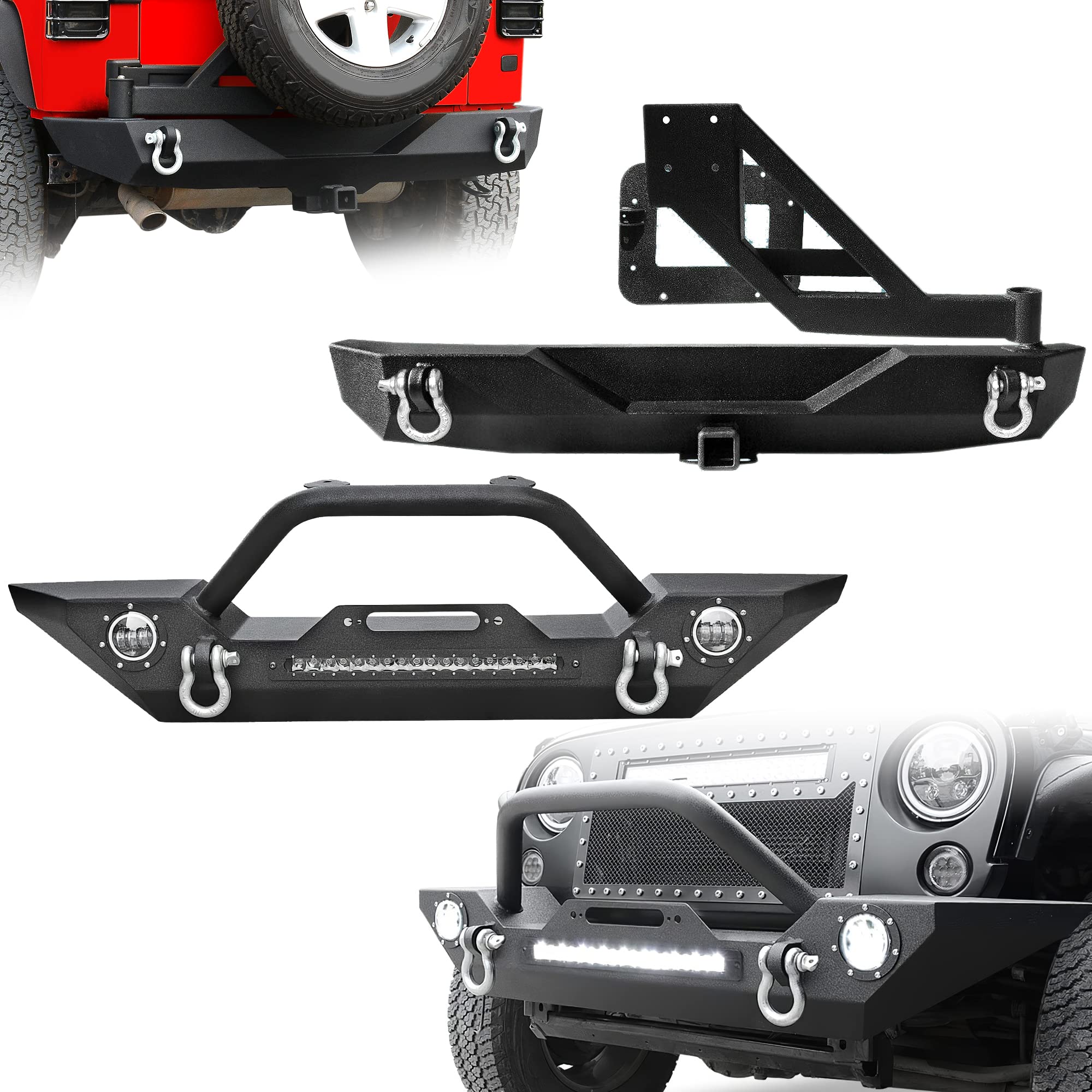 Ledkingdomus Front& Rear Bumper With Tire Carrier Compatible With 07-18 Jeep Wrangler Jk Jku Rubicon Sahara Sports Model W/ 2X 6