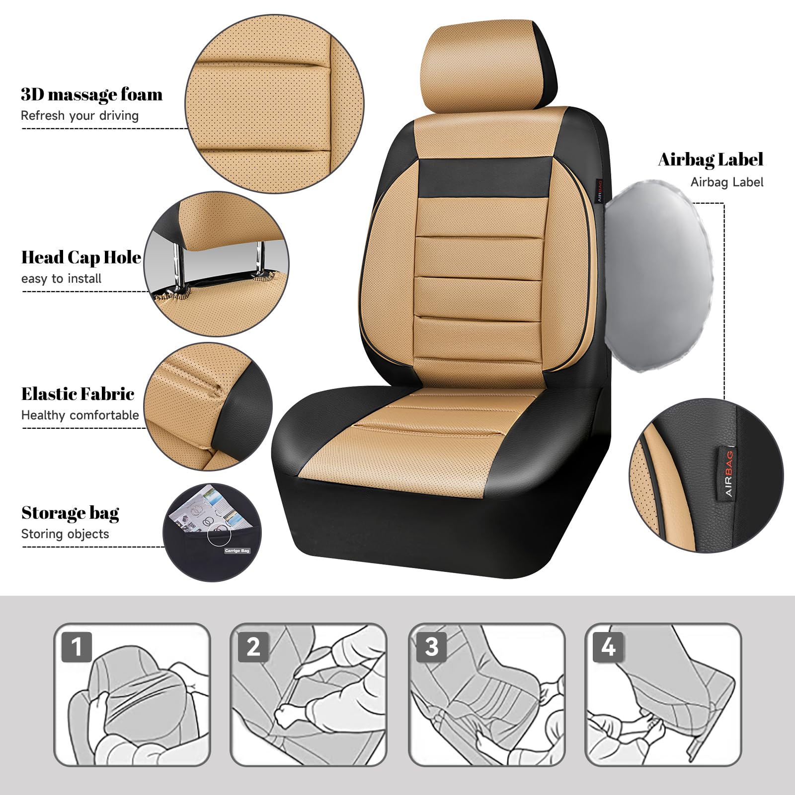 CAR PASS Leather Seat Covers Full Set Universal Water Resistant 3D Foam Back Support, Luxury Comfort Automotive 5 Seat Covers Al