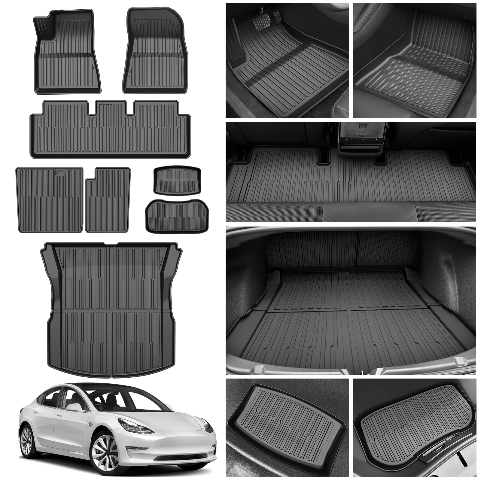 Powerty Floor Mats & Cargo Liner for 2024 2025 Tesla Model 3 Highland Accessories All Weather TPE 3D Floor Liners 2 Row Liner Se